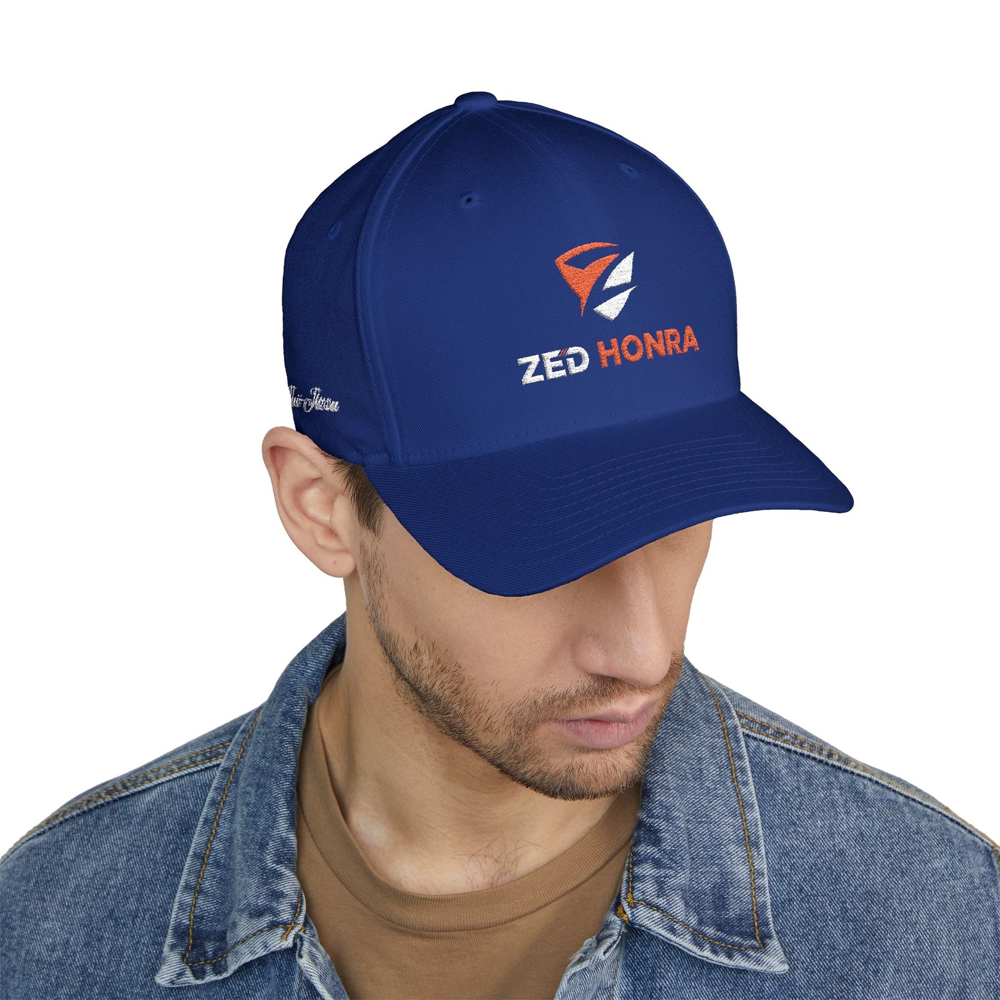 Blue FlexFit Cap – side profile view on model