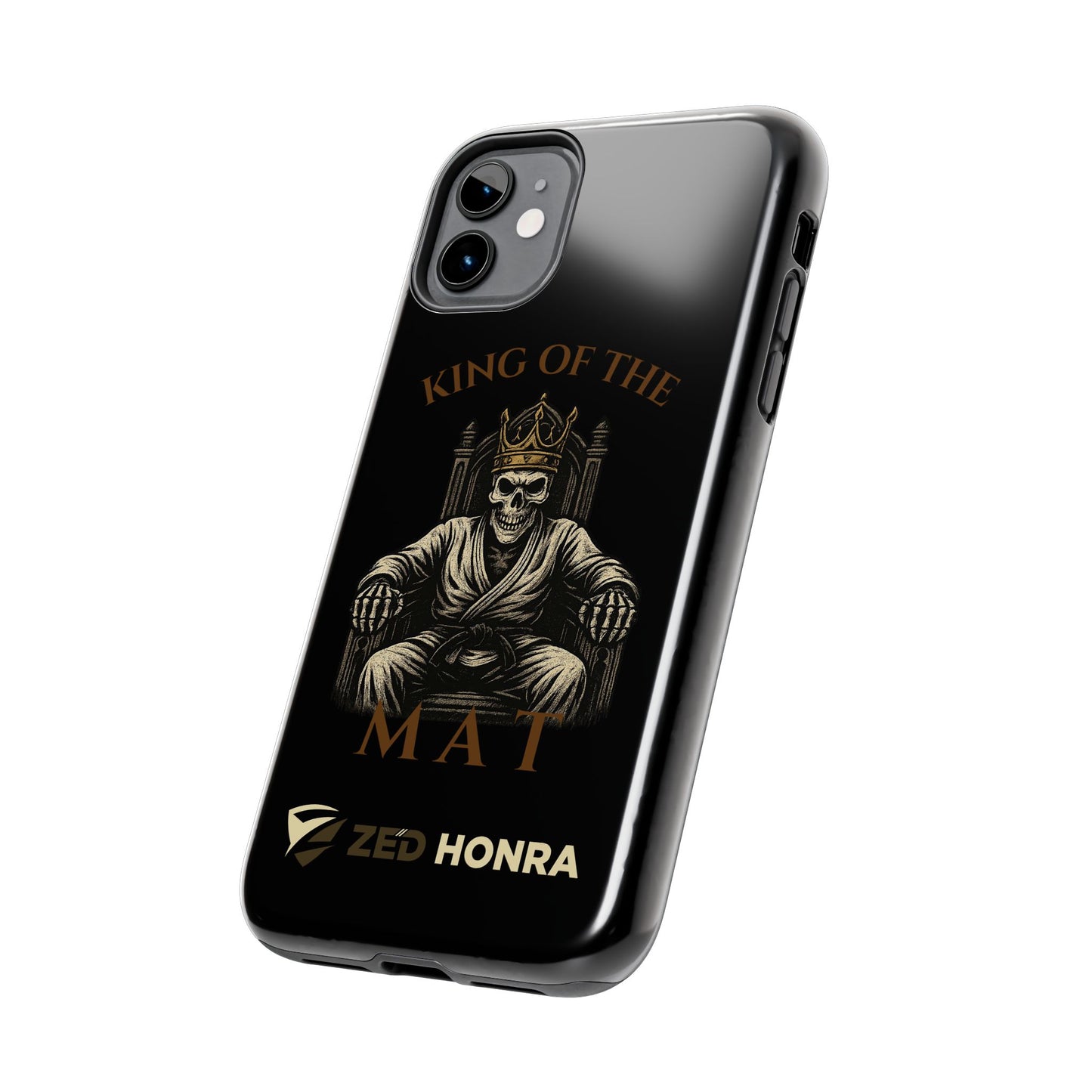 Phone case with a skull in a Zed Honra kimono and crown, text 'King of the Mat' and 'Zed Honra' logo.