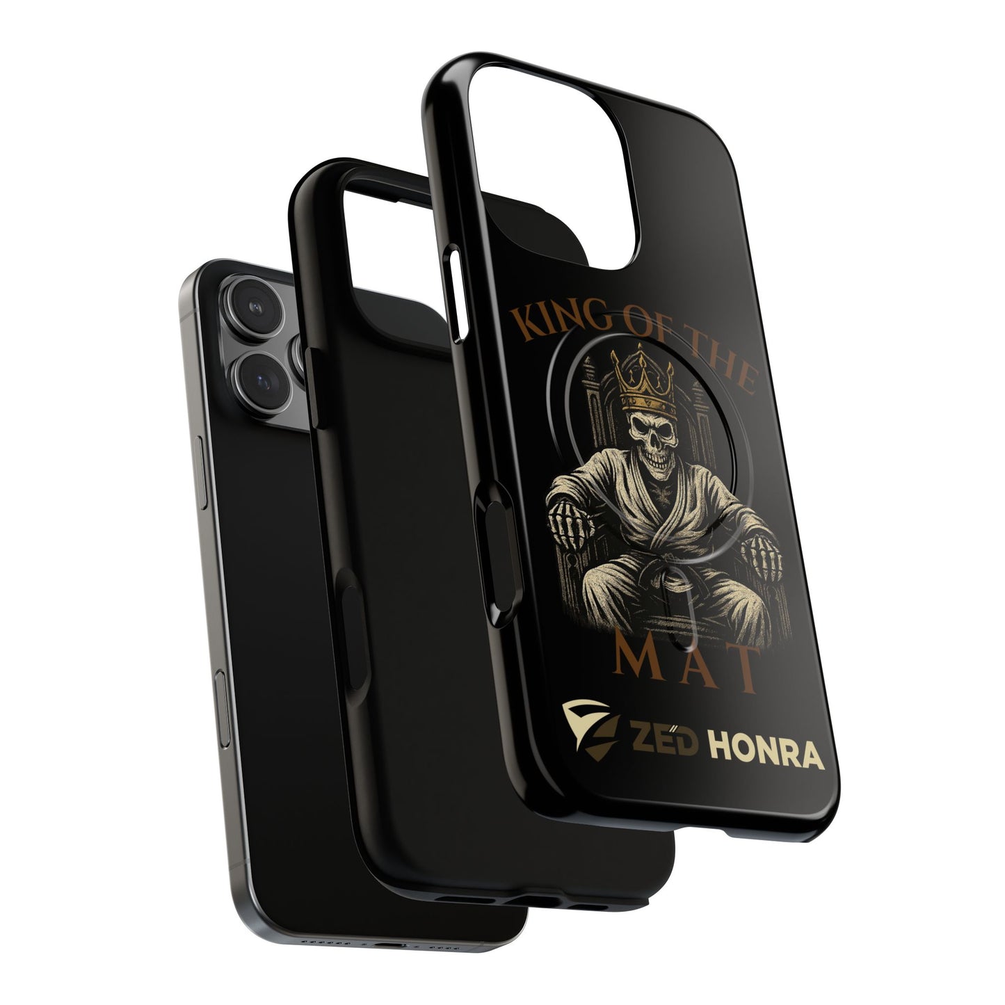 Phone case with a skull in a Zed Honra kimono and crown, text 'King of the Mat' and 'Zed Honra' logo.