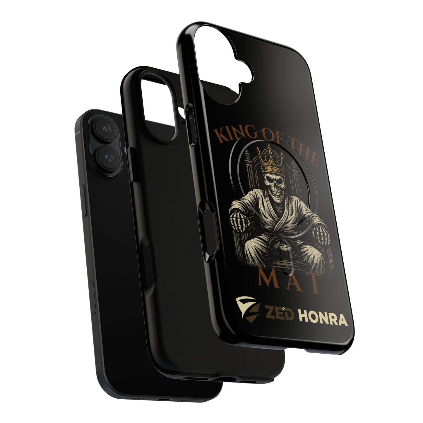 Phone case with a skull in a Zed Honra kimono and crown, text 'King of the Mat' and 'Zed Honra' logo.