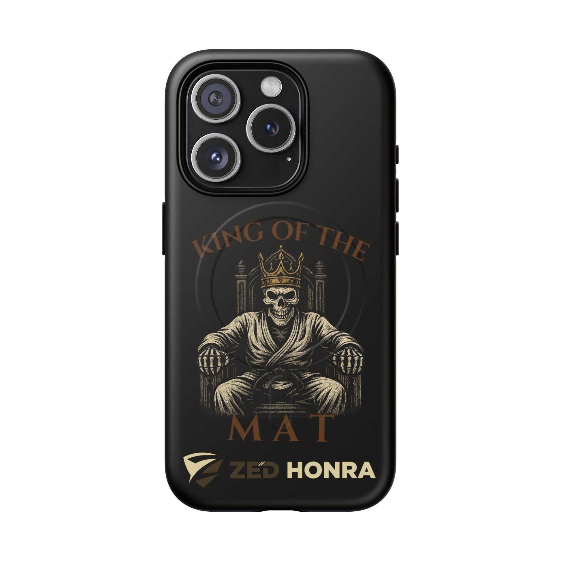 Phone case with a skull in a robe and crown, text 'King of the Mat' and 'Zed Honra' logo.
