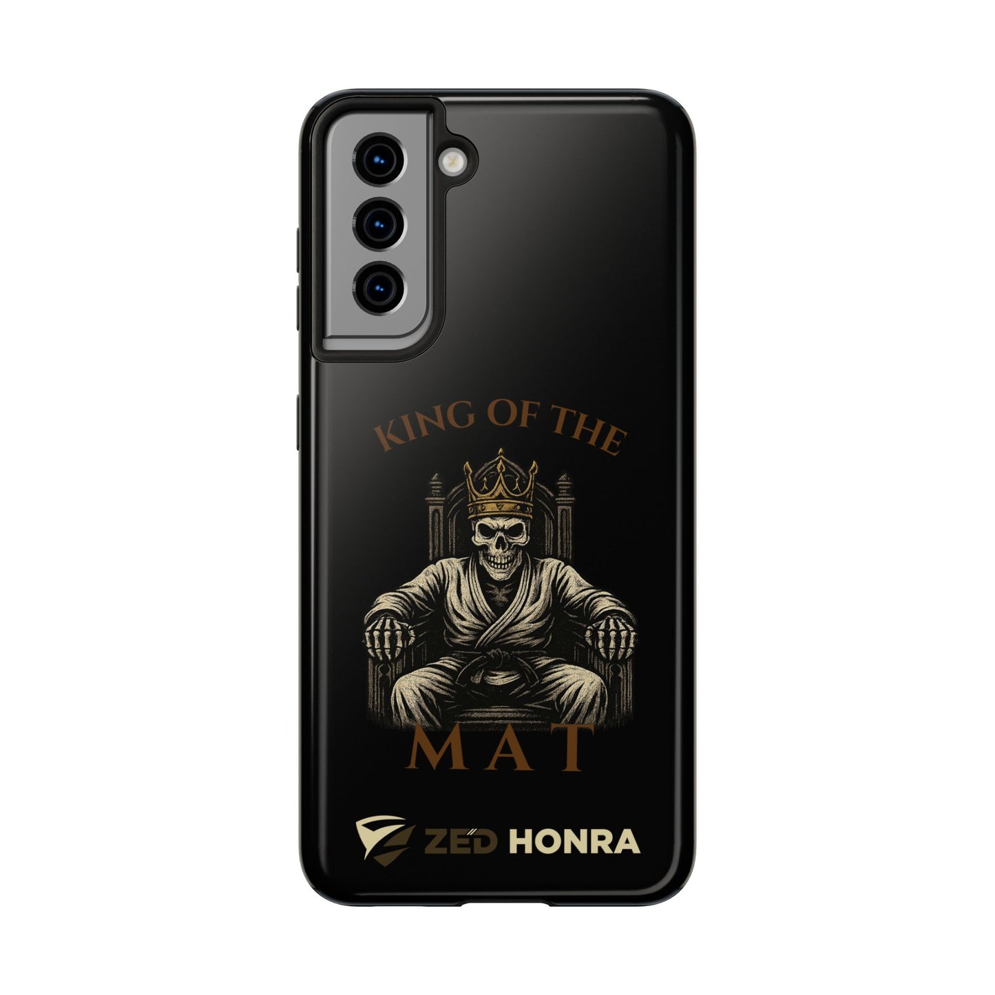 Phone case with a skull in a Zed Honra kimono and crown, text 'King of the Mat' and 'Zed Honra' logo.