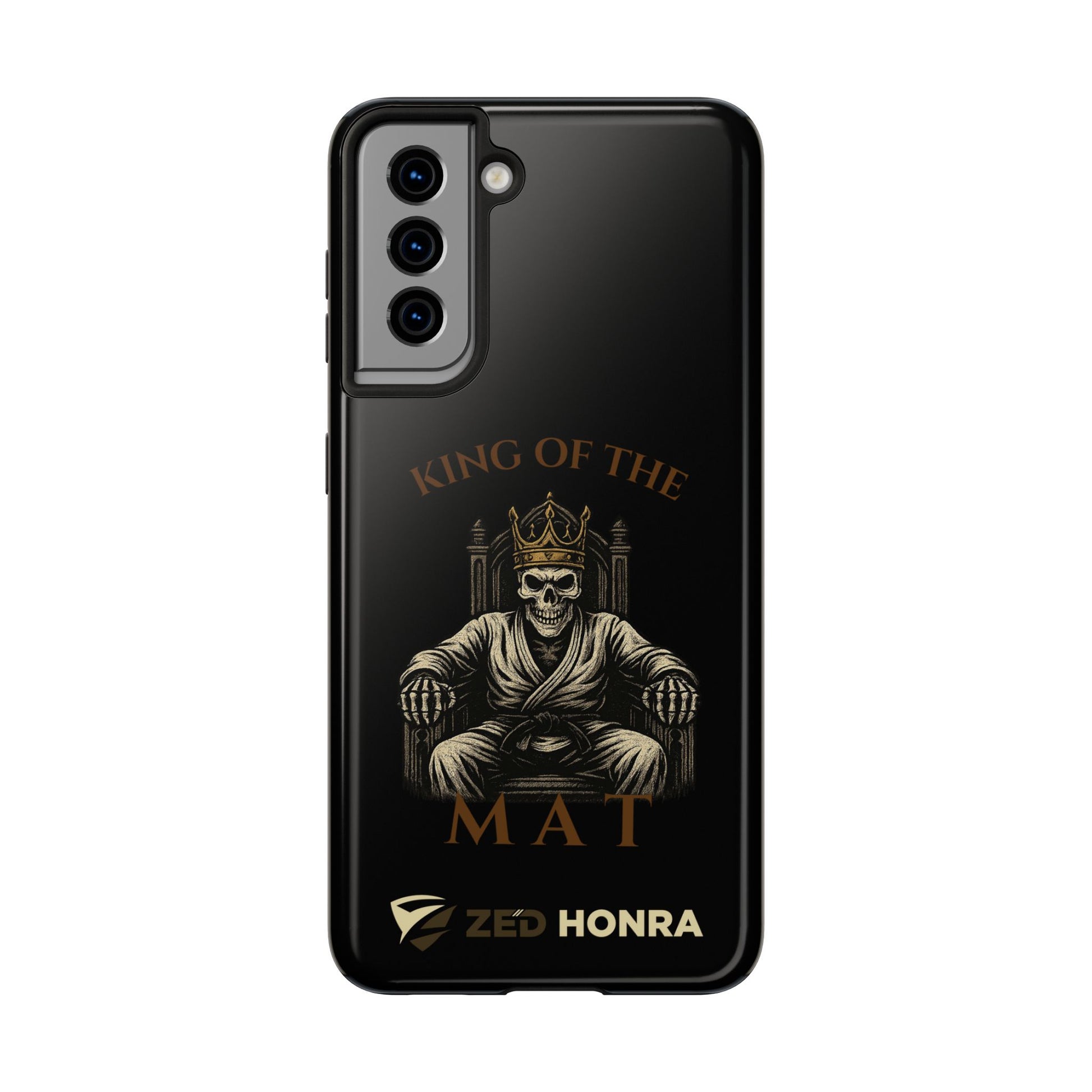 Phone case with a skull in a Zed Honra kimono and crown, text 'King of the Mat' and 'Zed Honra' logo.