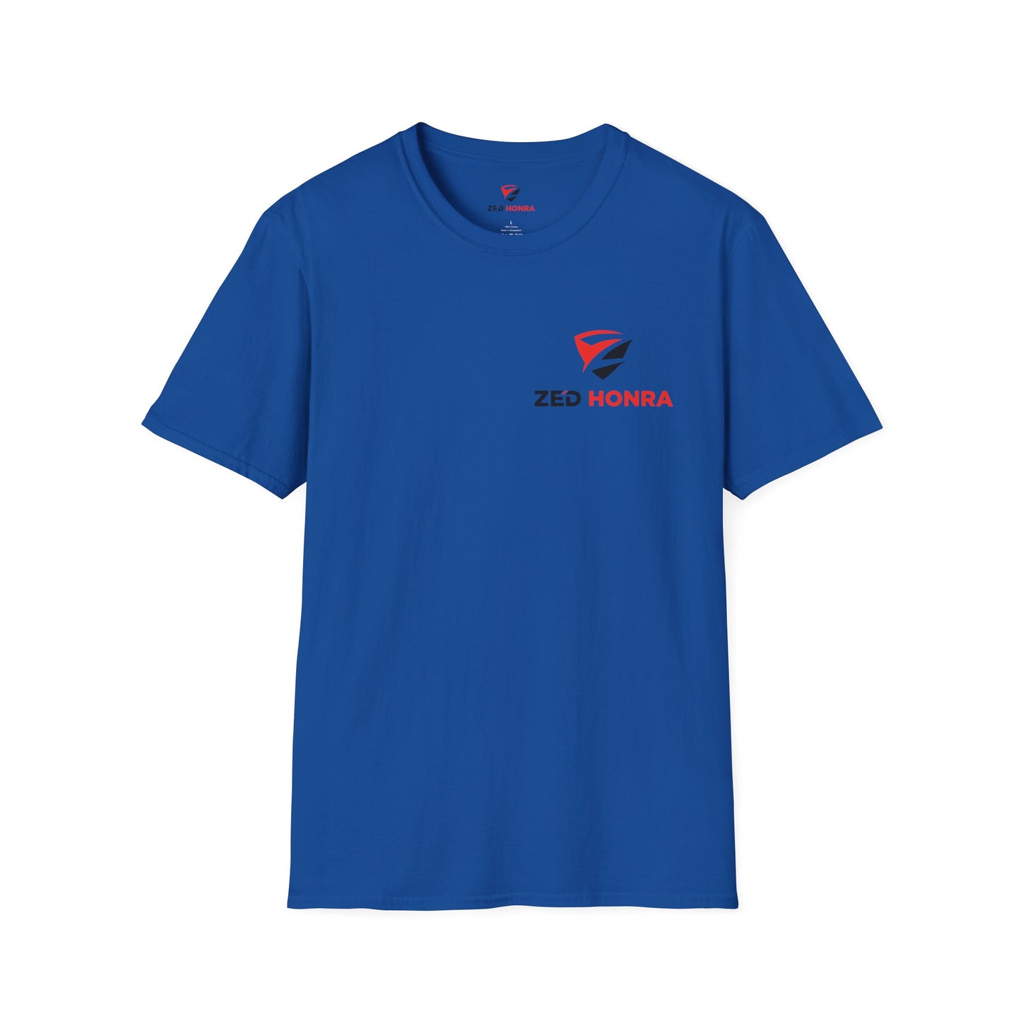 Front view of blue Zed Honra t-shirt with red and white embroidered logo on the left chest.