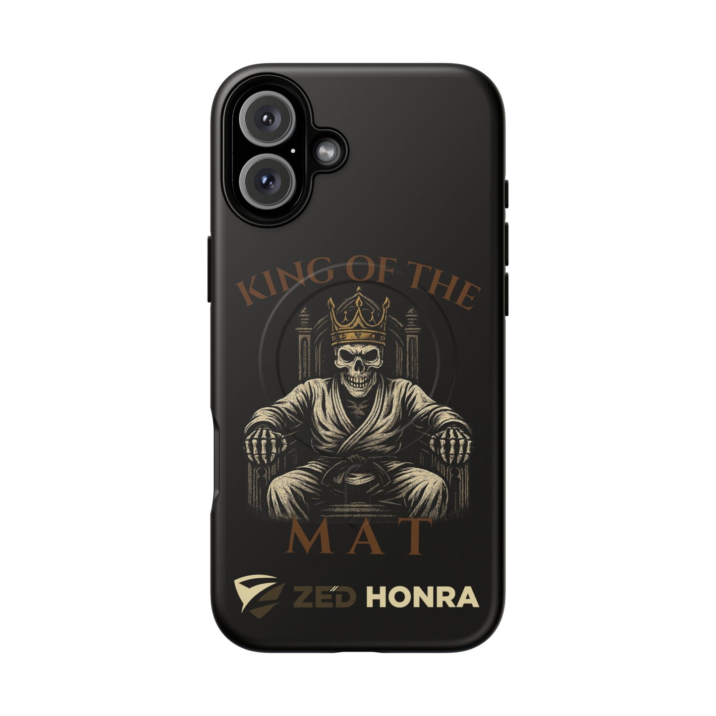 Phone case with a skull in a Zed Honra kimono and crown, text 'King of the Mat' and 'Zed Honra' logo.
