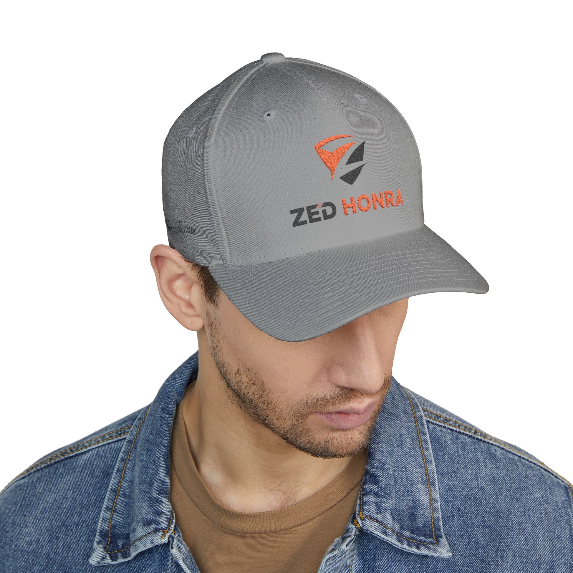 Grey FlexFit Cap – side profile view on model