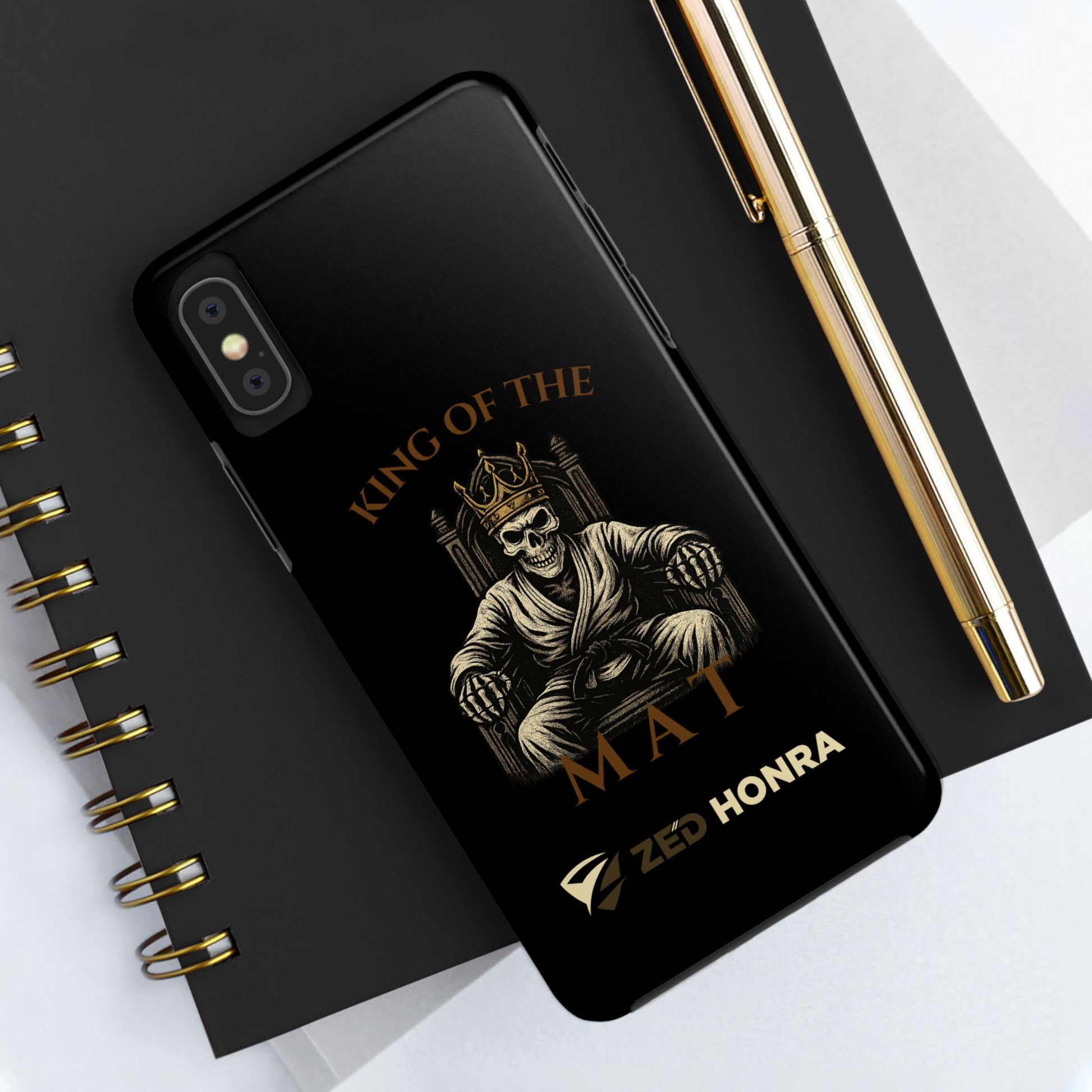 Phone case with a skull in a Zed Honra kimono and crown, text 'King of the Mat' and 'Zed Honra' logo.