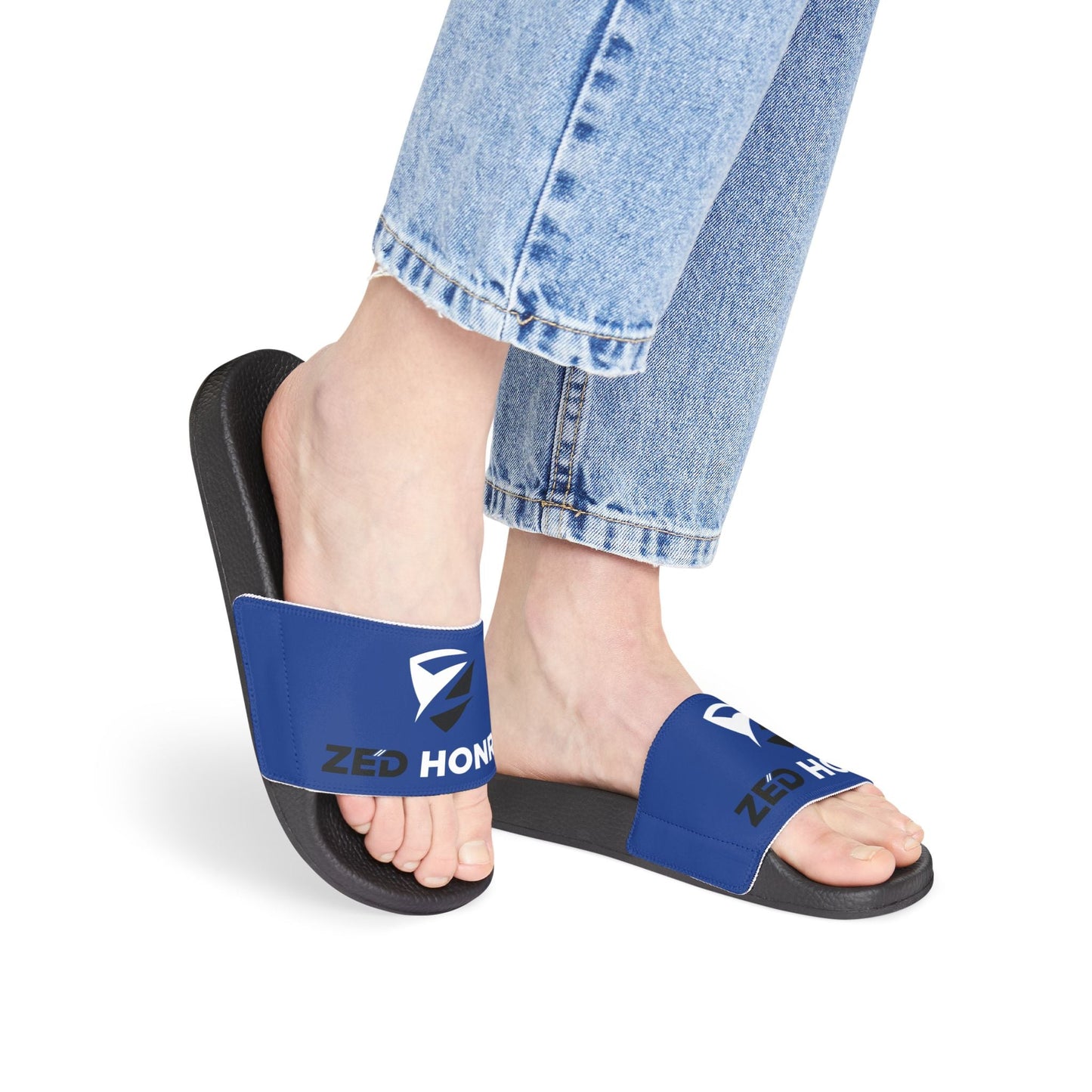 Zed Honra Women’s Sandals in blue worn with jeans – front view