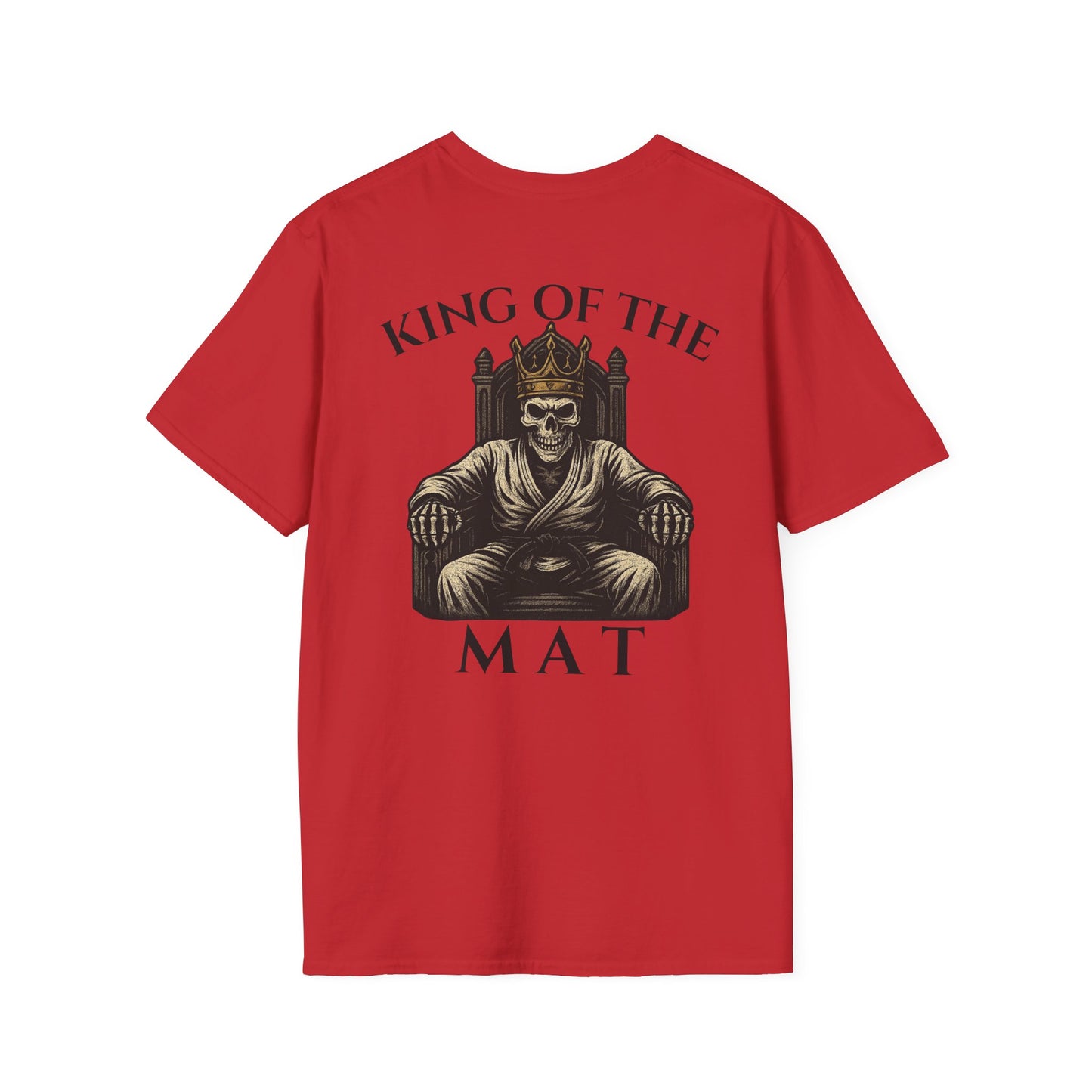 Red Zed Honra “King of the Mat” t-shirt featuring a crowned skeleton wearing a gi seated on a throne, printed on the back.