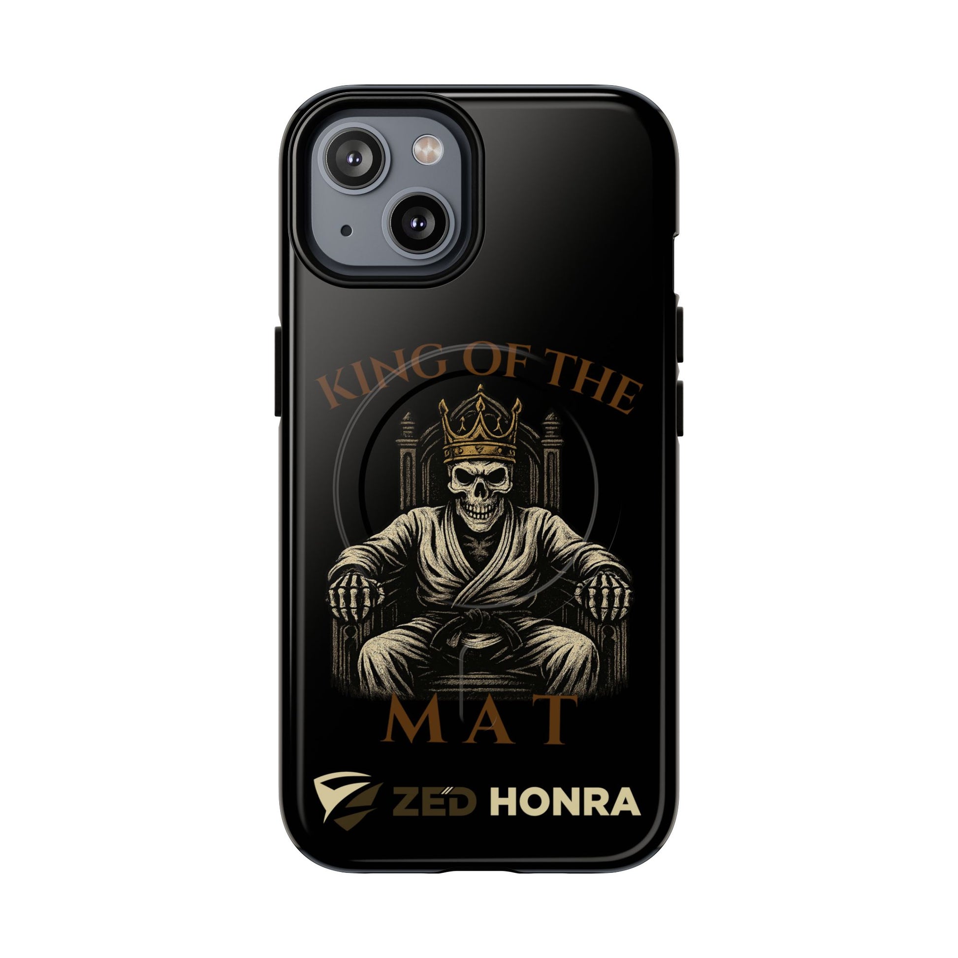 Phone case with a skull in a robe and crown, text 'King of the Mat' and 'Zed Honra' logo.