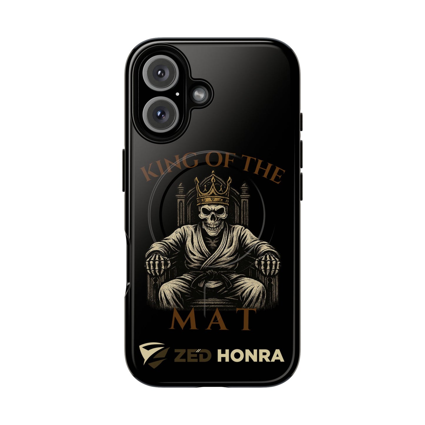Phone case with a skull in a Zed Honra kimono and crown, text 'King of the Mat' and 'Zed Honra' logo.