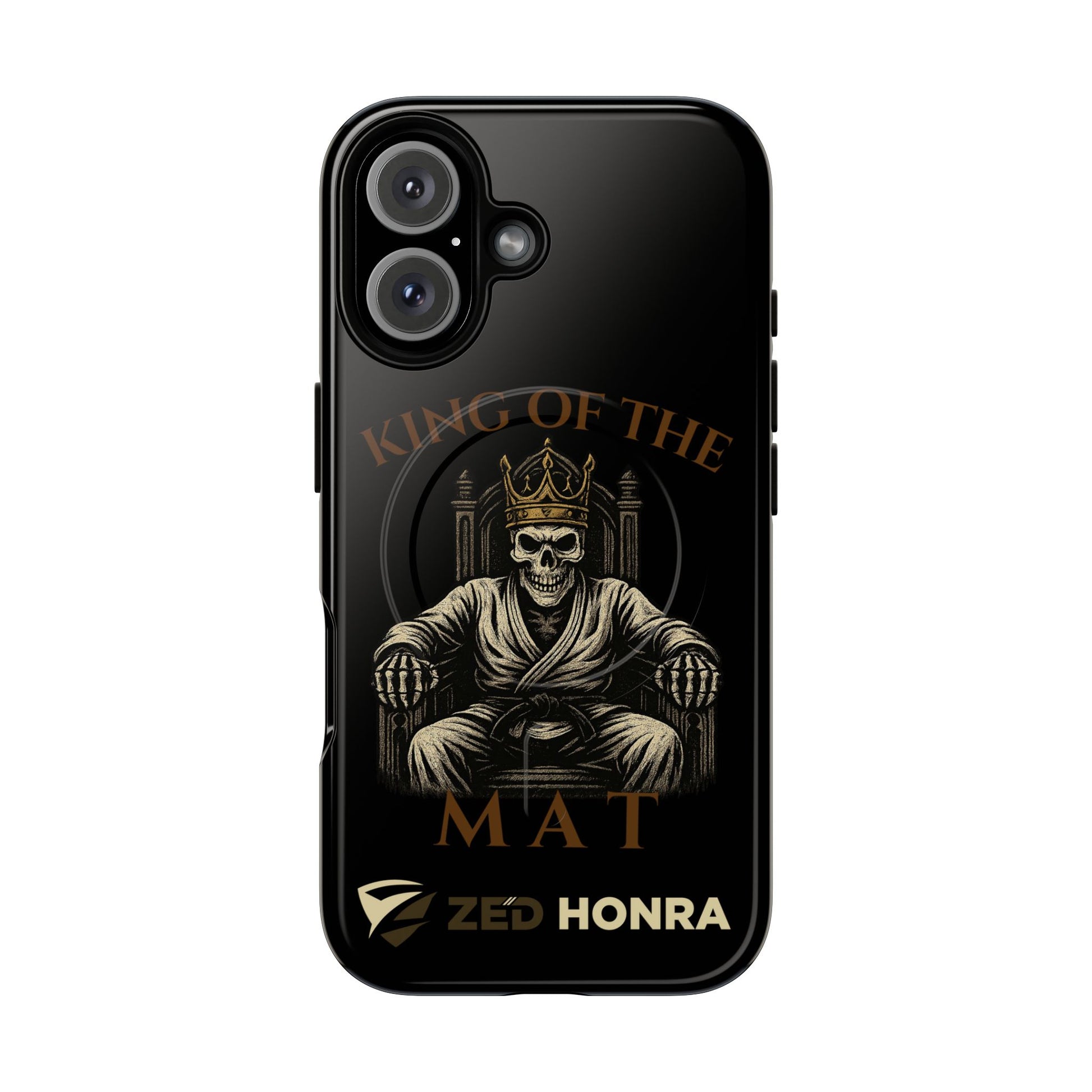 Phone case with a skull in a Zed Honra kimono and crown, text 'King of the Mat' and 'Zed Honra' logo.