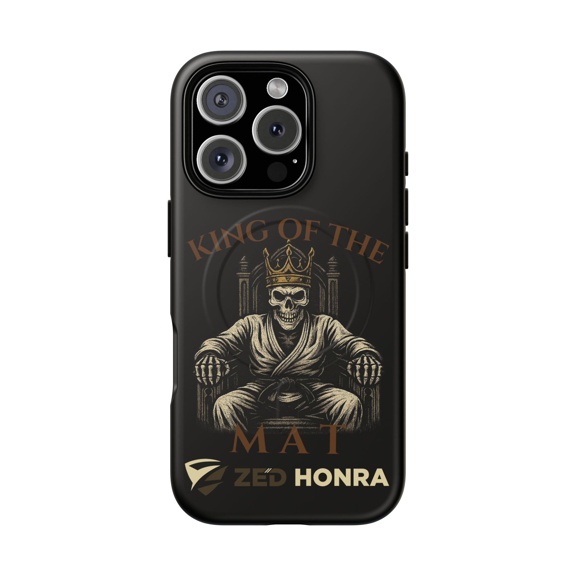 Phone case with a skull in a Zed Honra kimono and crown, text 'King of the Mat' and 'Zed Honra' logo.