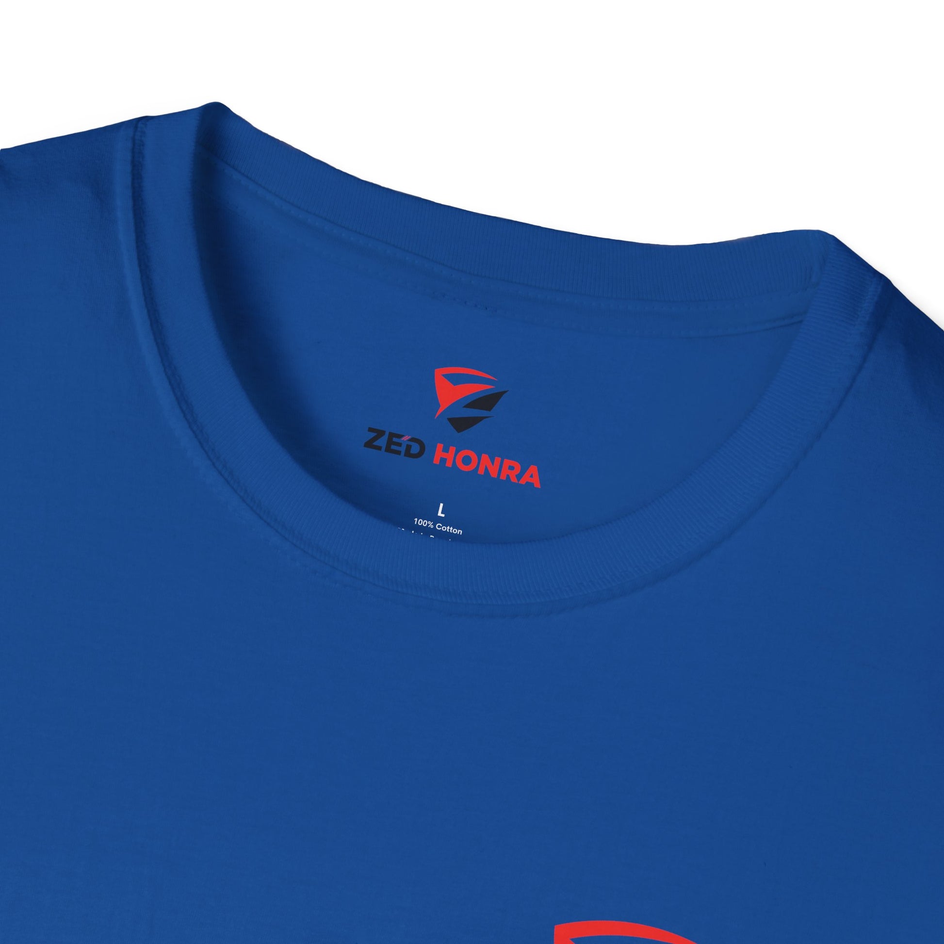 Close-up of a blue t-shirt with a logo and text on the collar.