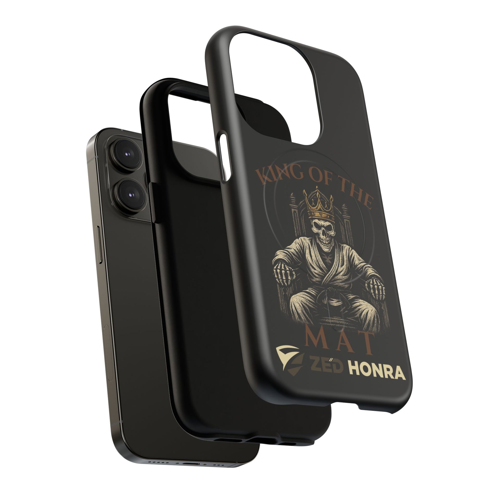 Phone case with a skull in a Zed Honra kimono and crown, text 'King of the Mat' and 'Zed Honra' logo.