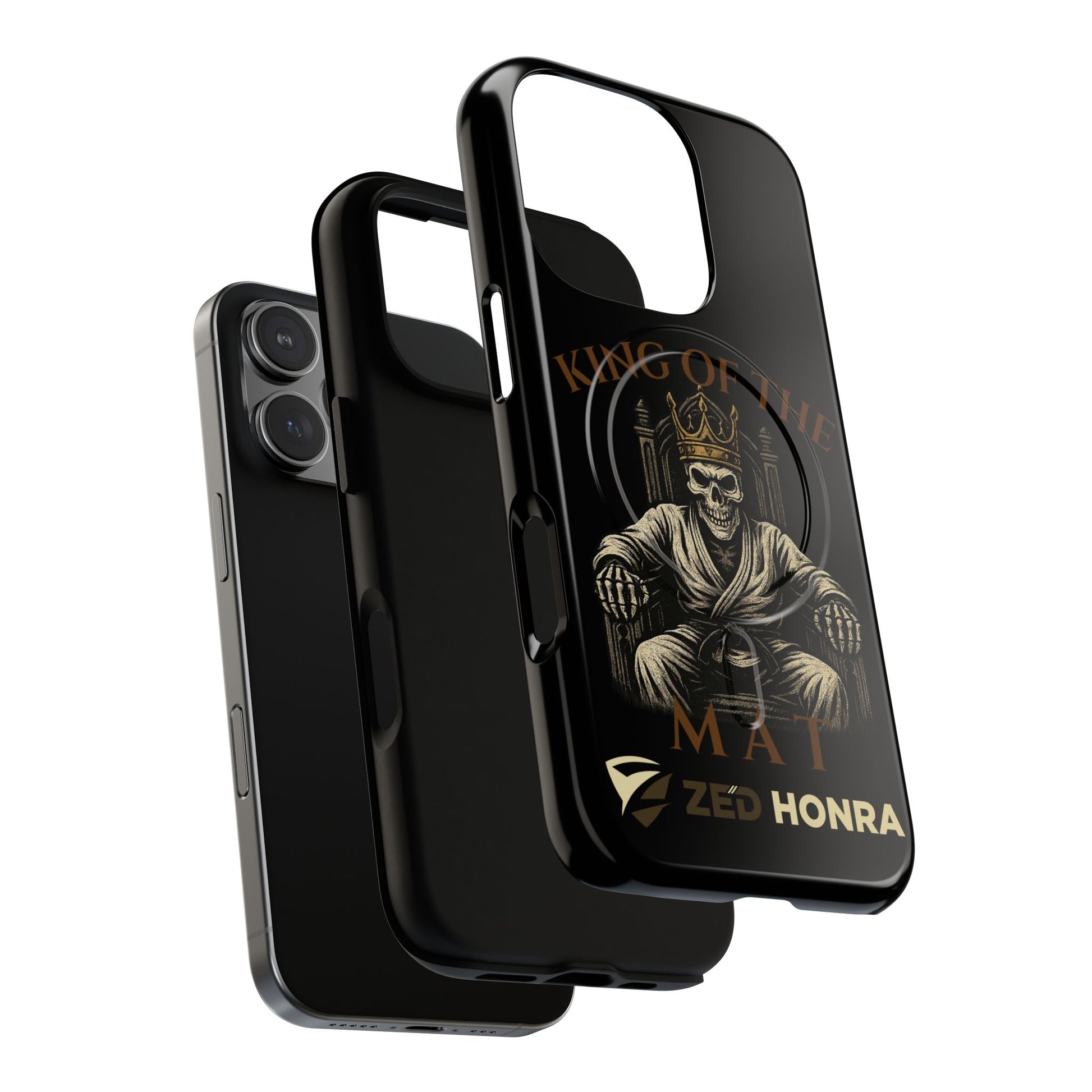 Phone case with a skull in a Zed Honra kimono and crown, text 'King of the Mat' and 'Zed Honra' logo.