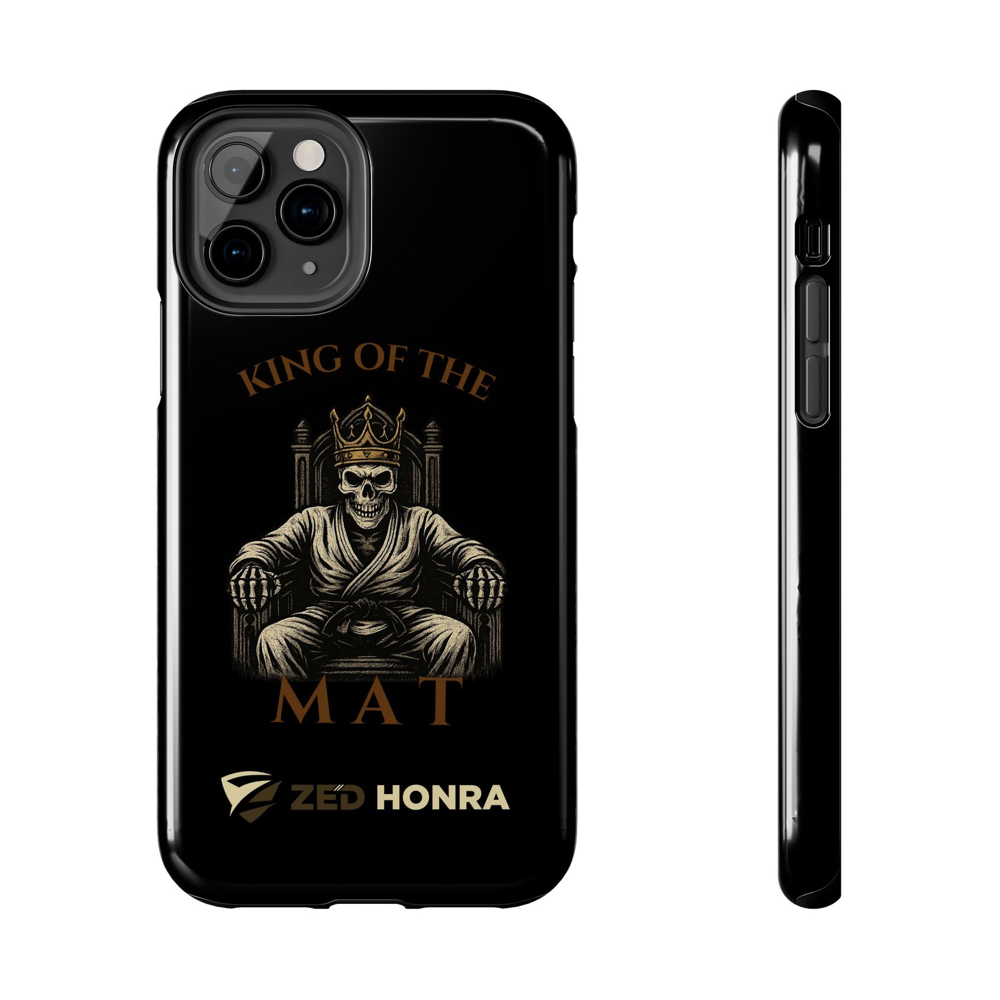 Phone case with a skull in a Zed Honra kimono and crown, text 'King of the Mat' and 'Zed Honra' logo.