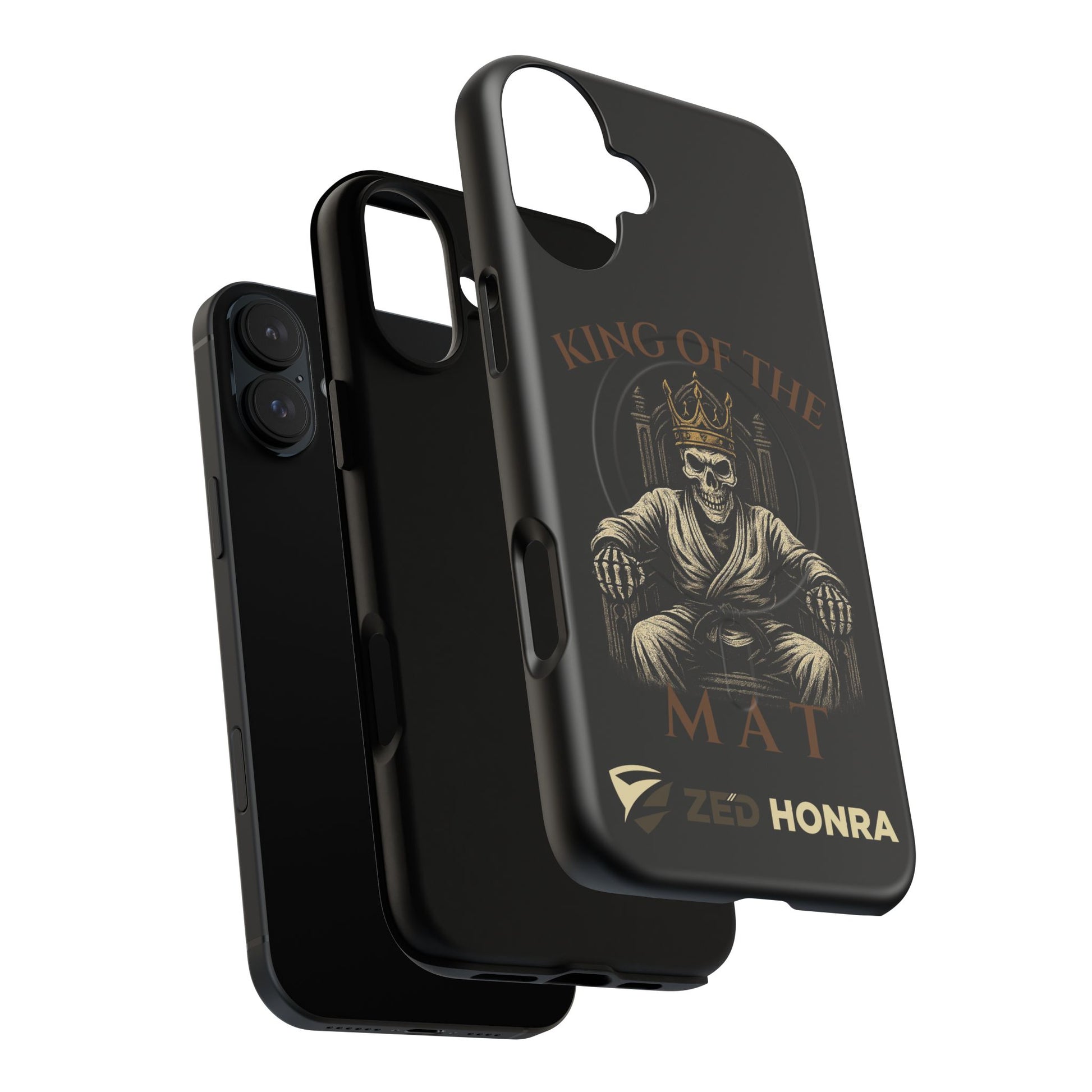 Phone case with a skull in a Zed Honra kimono and crown, text 'King of the Mat' and 'Zed Honra' logo.