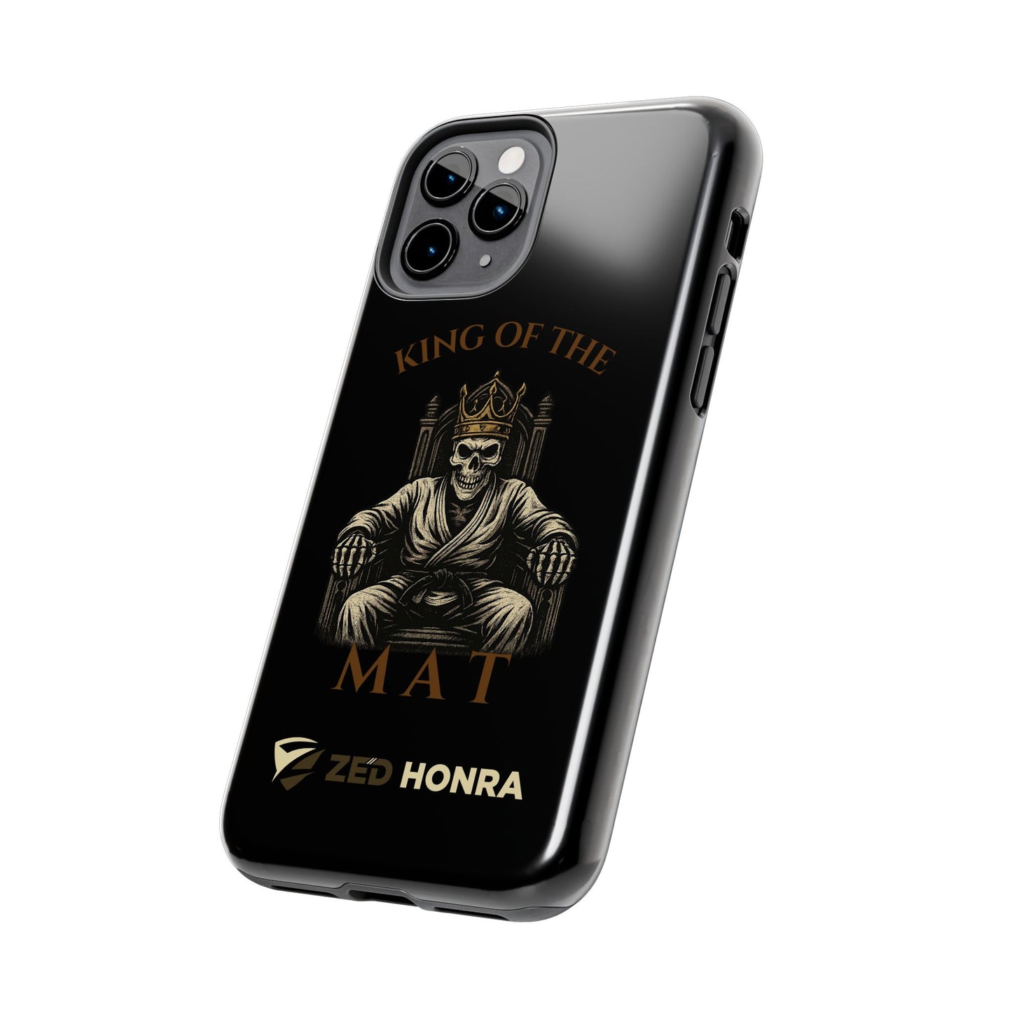 Phone case with a skull in a Zed Honra kimono and crown, text 'King of the Mat' and 'Zed Honra' logo.