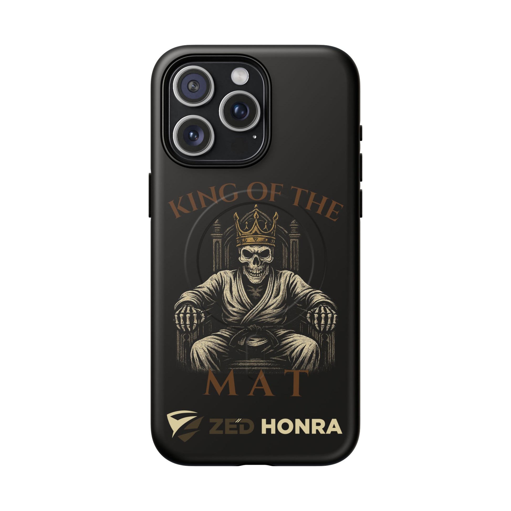 Phone case with a skull in a robe and crown, text 'King of the Mat' and 'Zed Honra' logo.