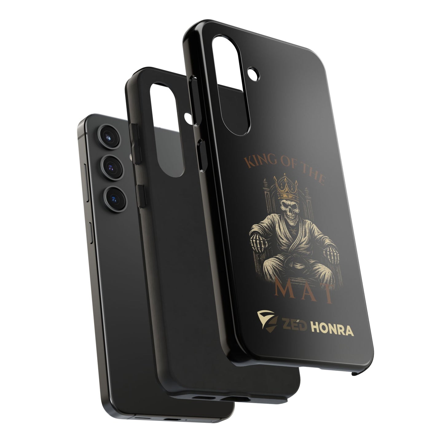 Phone case with a skull in a Zed Honra kimono and crown, text 'King of the Mat' and 'Zed Honra' logo.