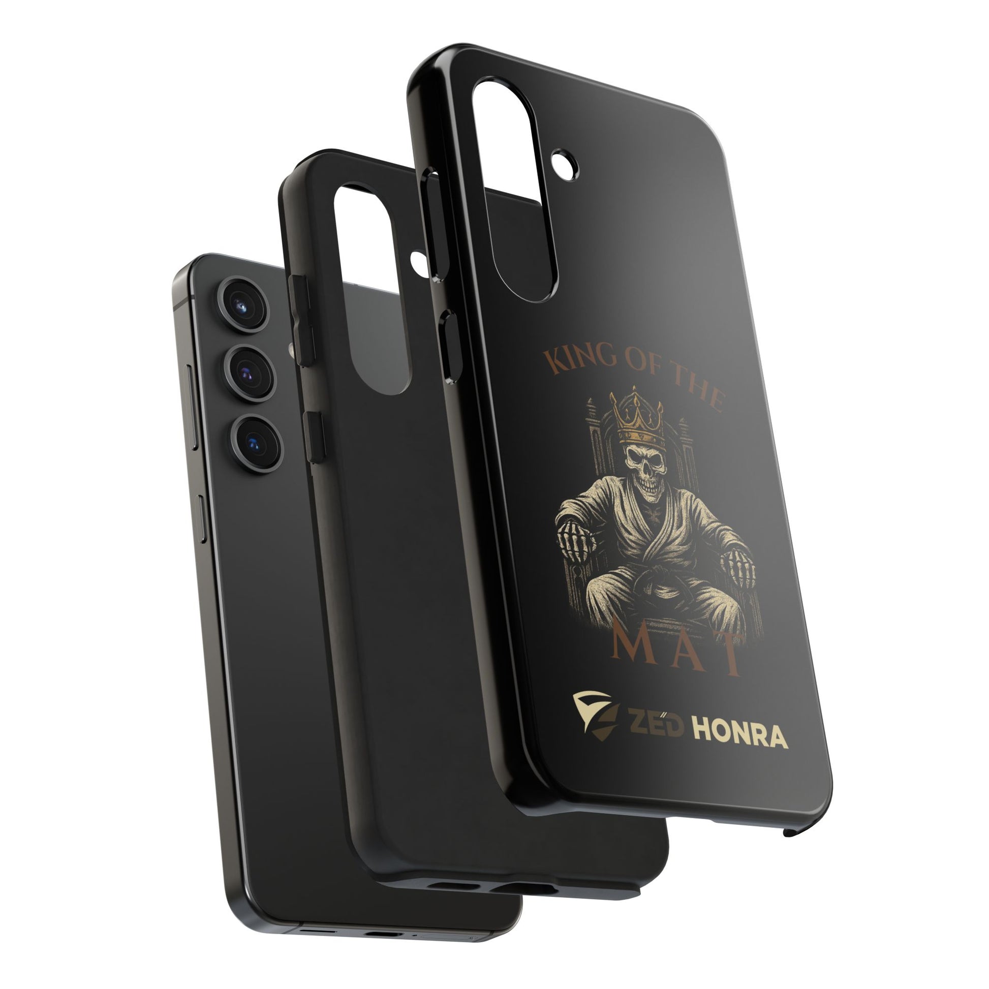Phone case with a skull in a Zed Honra kimono and crown, text 'King of the Mat' and 'Zed Honra' logo.