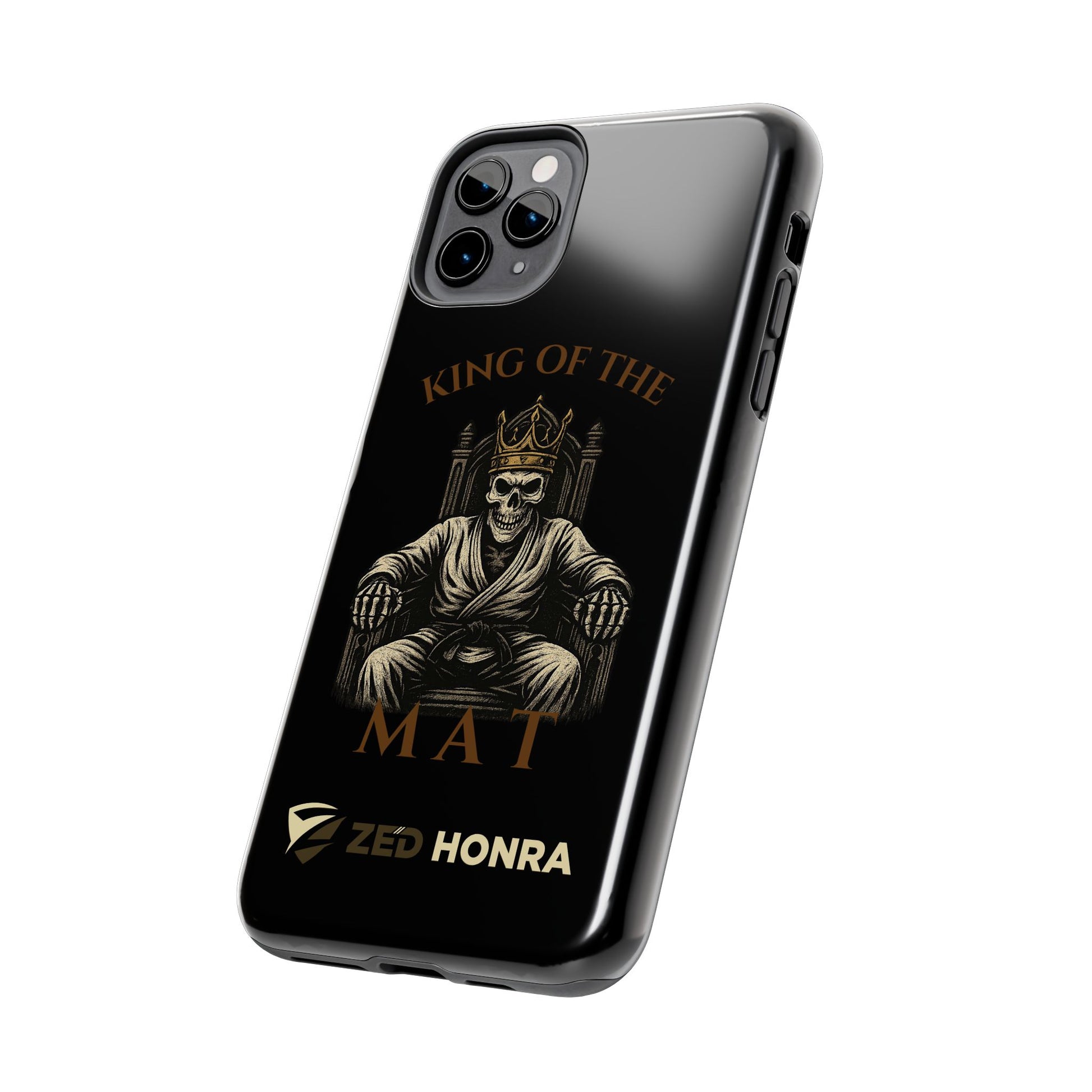 Phone case with a skull in a Zed Honra kimono and crown, text 'King of the Mat' and 'Zed Honra' logo.