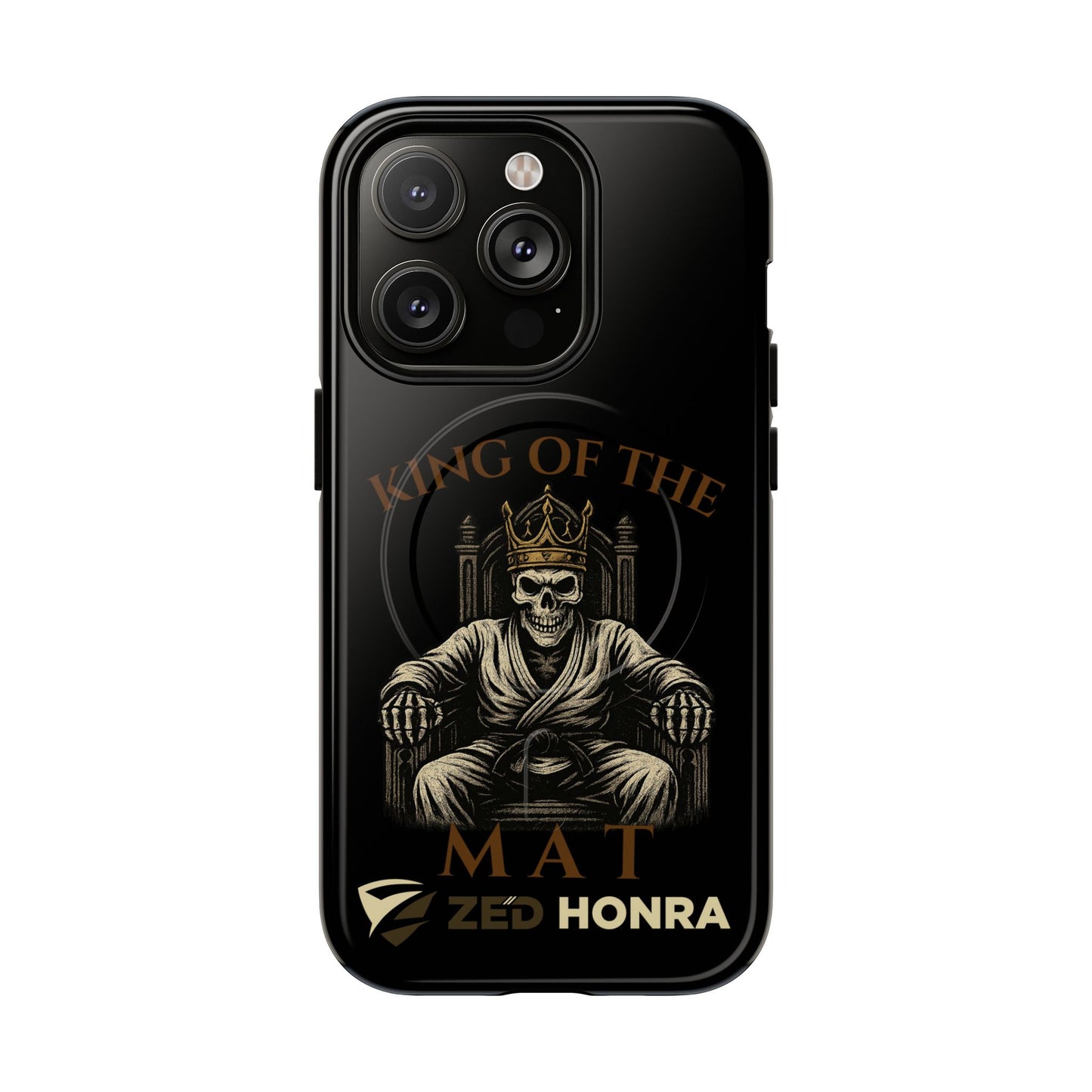 Phone case with a skull in a Zed Honra kimono and crown, text 'King of the Mat' and 'Zed Honra' logo.