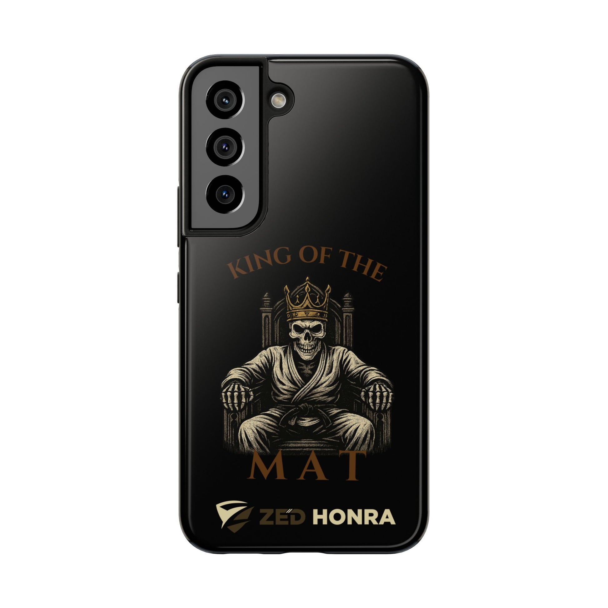 Phone case with a skull in a Zed Honra kimono and crown, text 'King of the Mat' and 'Zed Honra' logo.