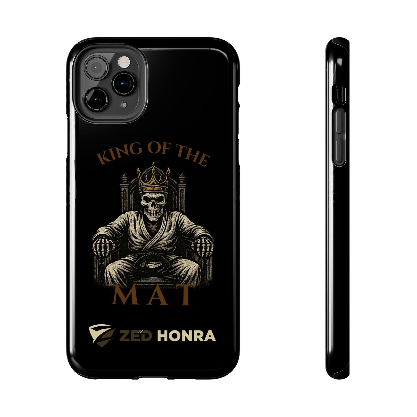 Phone case with a skull in a Zed Honra kimono and crown, text 'King of the Mat' and 'Zed Honra' logo.