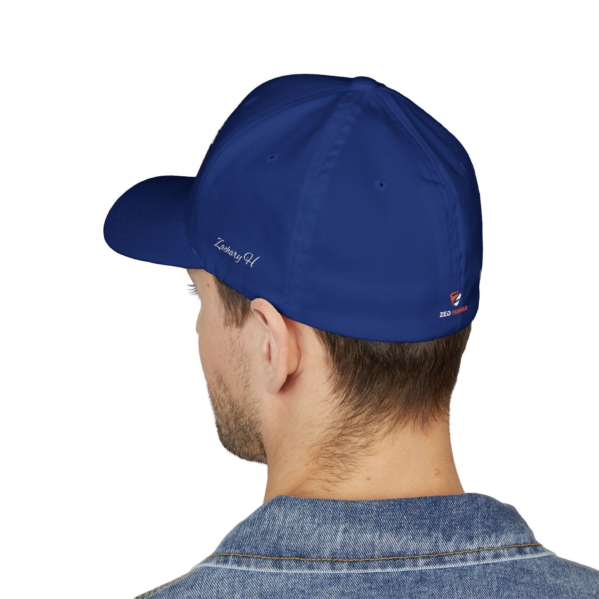 Blue FlexFit Cap – left side profile view on model