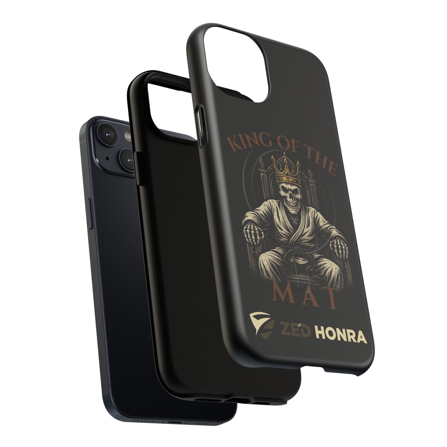Phone case with a skull in a Zed Honra kimono and crown, text 'King of the Mat' and 'Zed Honra' logo.