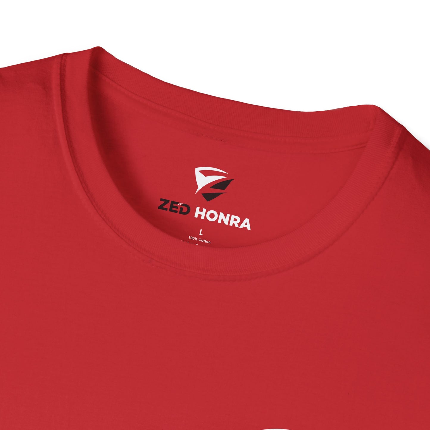 Red t-shirt with Zed Honra logo on a white background