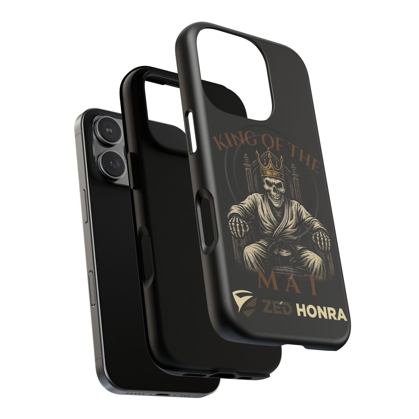 Phone case with a skull in a Zed Honra kimono and crown, text 'King of the Mat' and 'Zed Honra' logo.