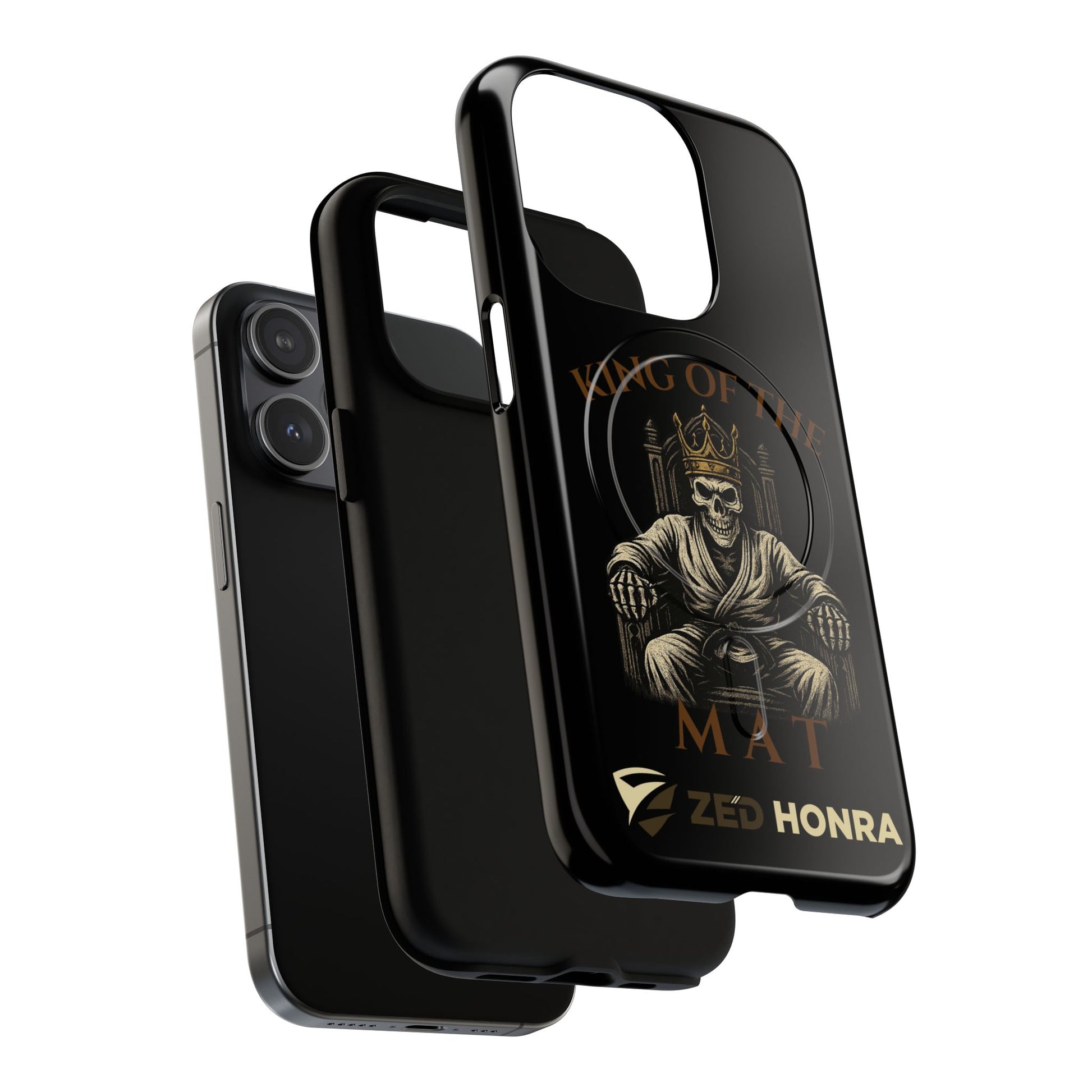 Phone case with a skull in a Zed Honra kimono and crown, text 'King of the Mat' and 'Zed Honra' logo.