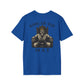 Blue Zed Honra “King of the Mat” t-shirt featuring a crowned skeleton wearing a gi seated on a throne, printed on the back.