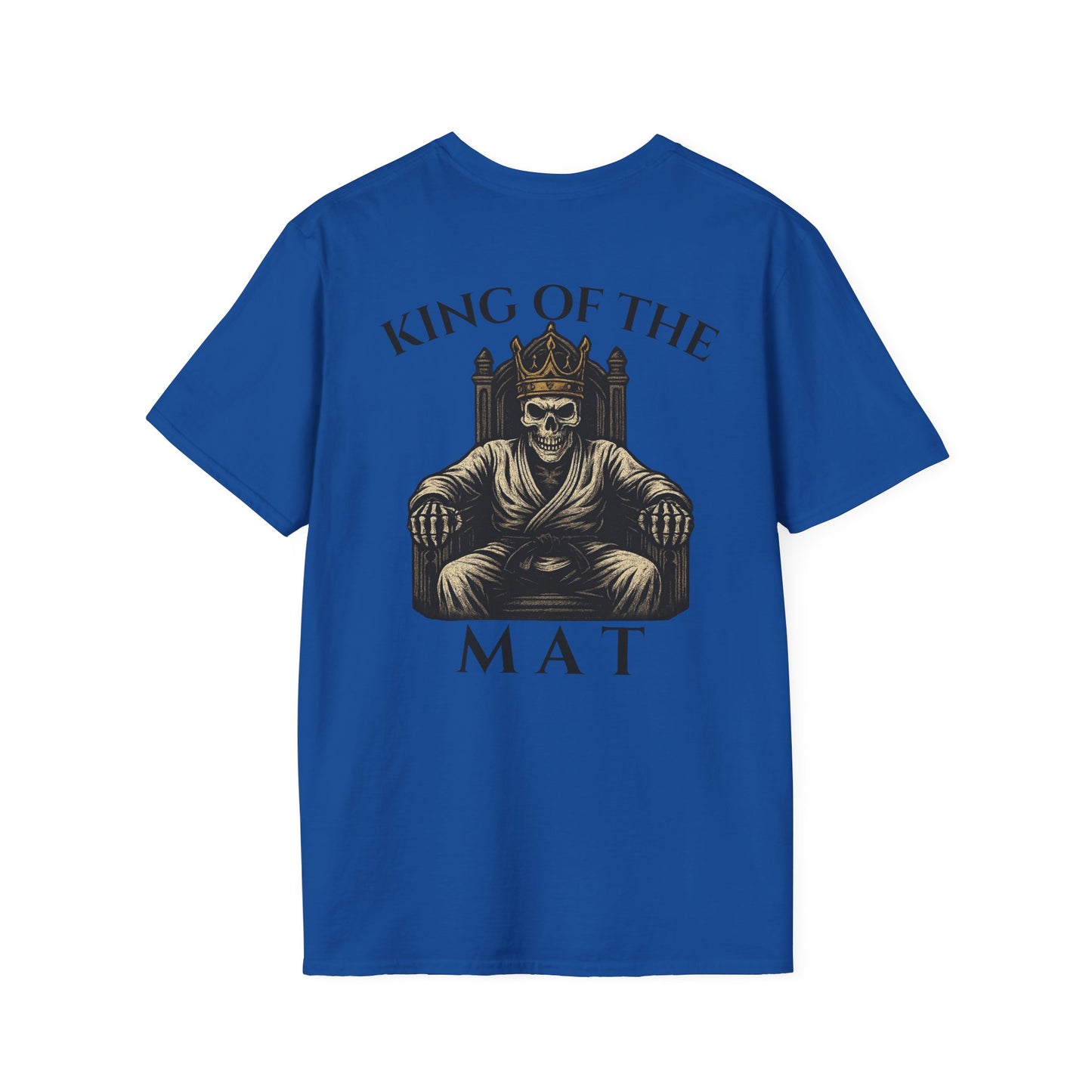 Blue Zed Honra “King of the Mat” t-shirt featuring a crowned skeleton wearing a gi seated on a throne, printed on the back.