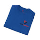 Folded blue t-shirt with ZED HONRA logo on a white background