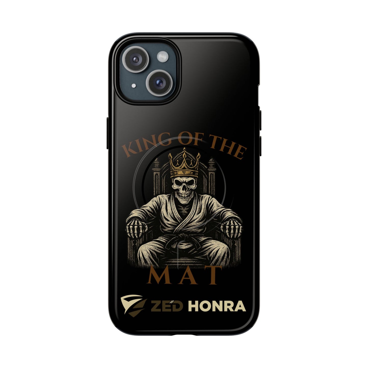 Phone case with a skull in a robe and crown, text 'King of the Mat' and 'Zed Honra' logo.
