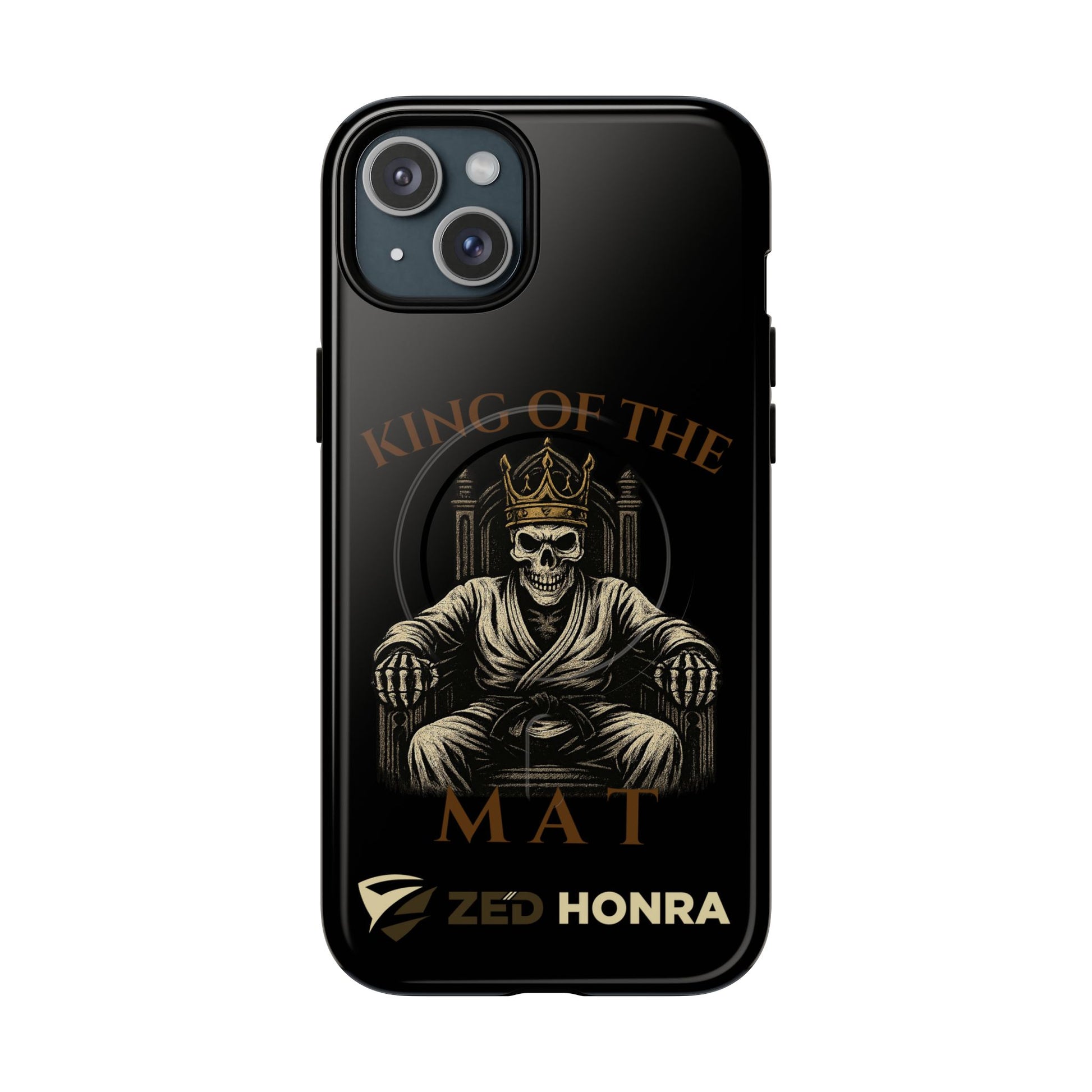 Phone case with a skull in a robe and crown, text 'King of the Mat' and 'Zed Honra' logo.