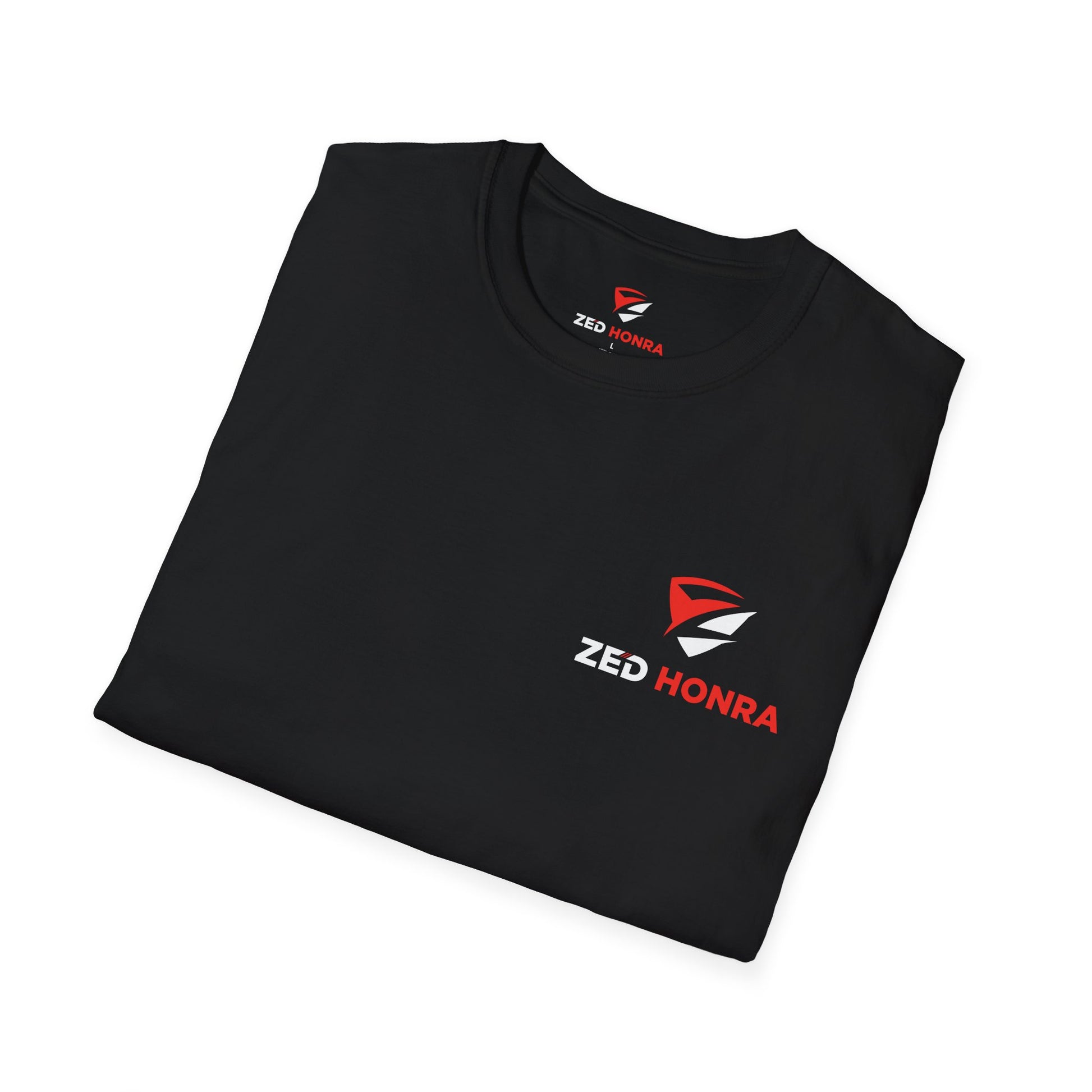 Folded black t-shirt with ZED HONRA logo on a white background