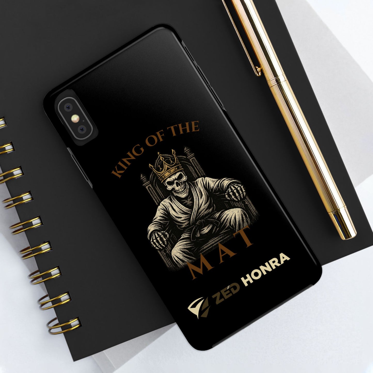Phone case with a skull in a Zed Honra kimono and crown, text 'King of the Mat' and 'Zed Honra' logo.