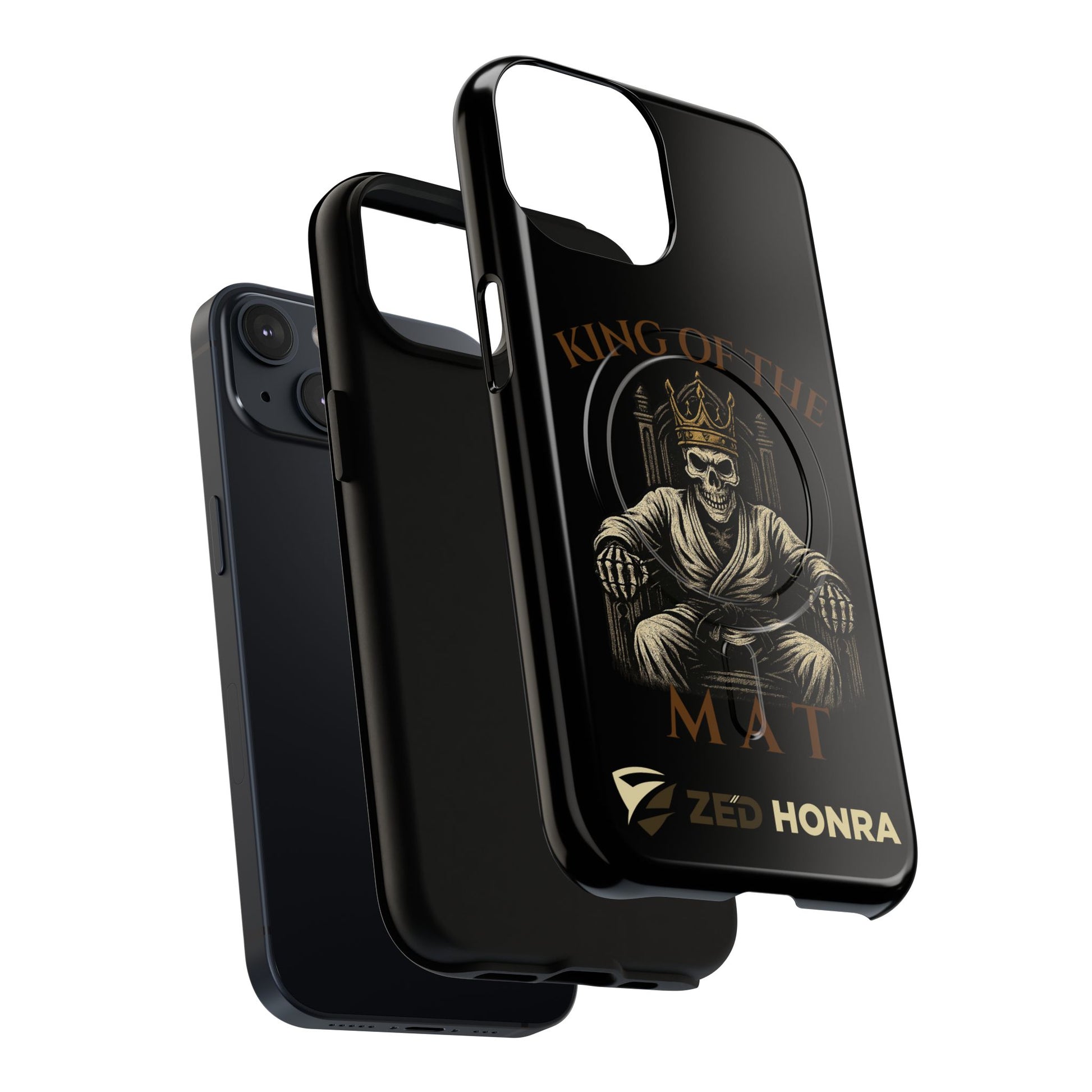 Phone case with a skull in a Zed Honra kimono and crown, text 'King of the Mat' and 'Zed Honra' logo.