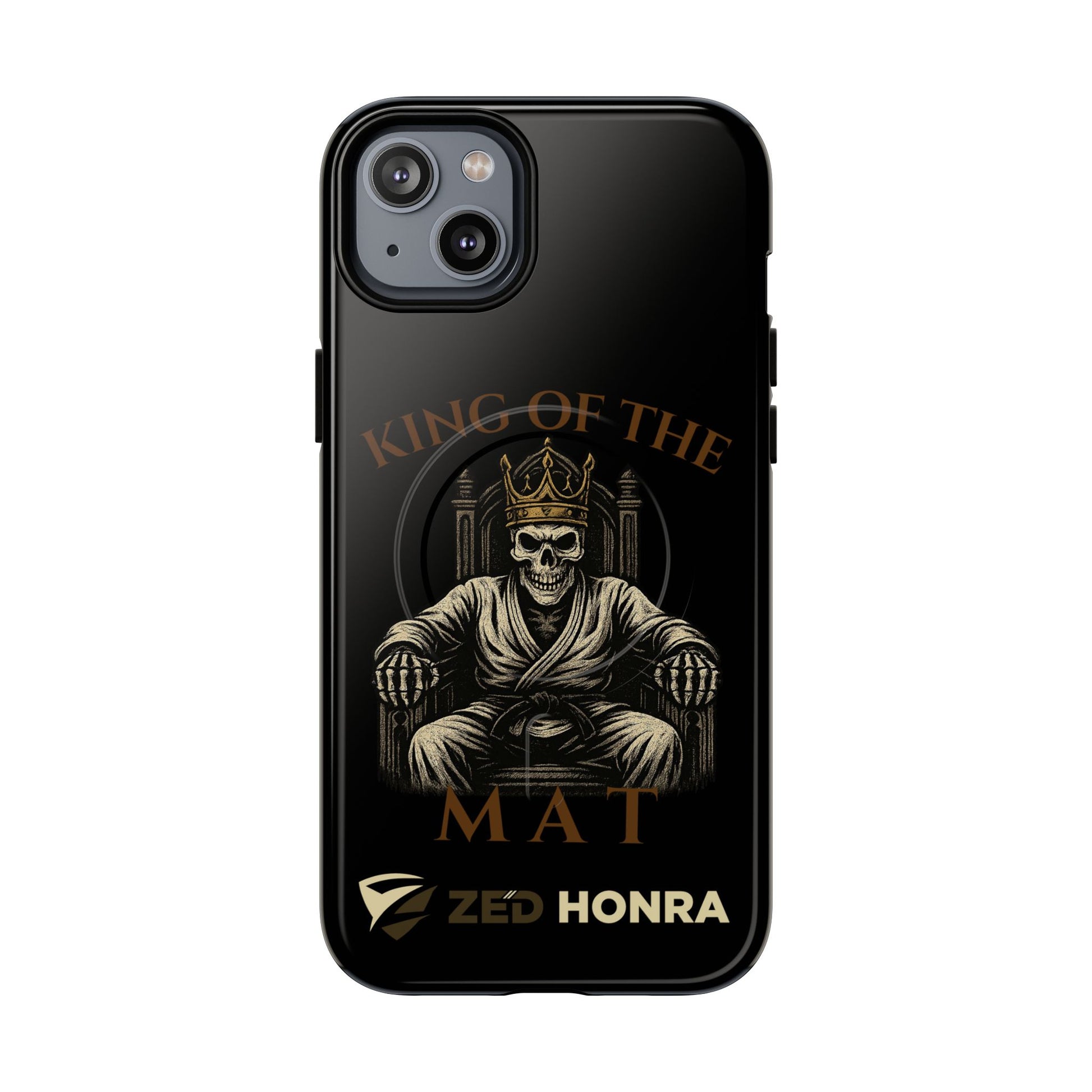 Phone case with a skull in a Zed Honra kimono and crown, text 'King of the Mat' and 'Zed Honra' logo.