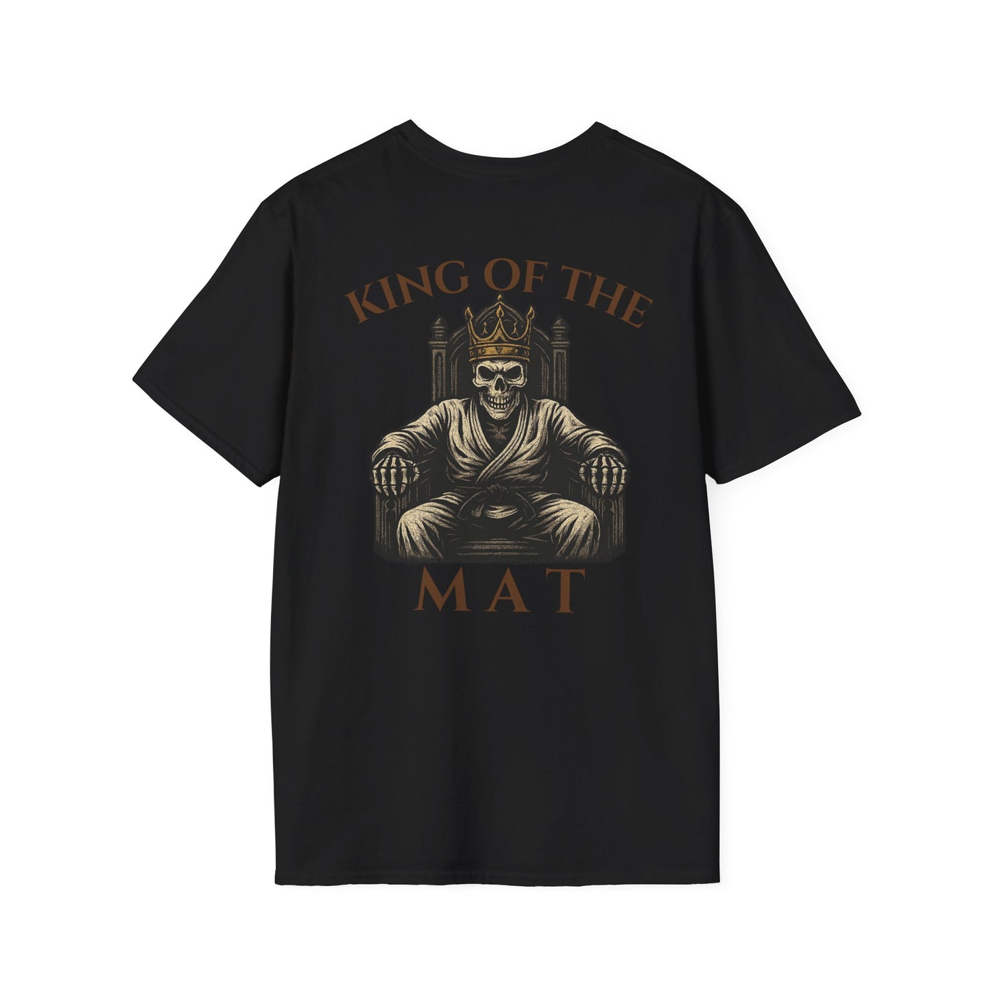 Black Zed Honra “King of the Mat” t-shirt featuring a crowned skeleton wearing a gi seated on a throne, printed on the back.