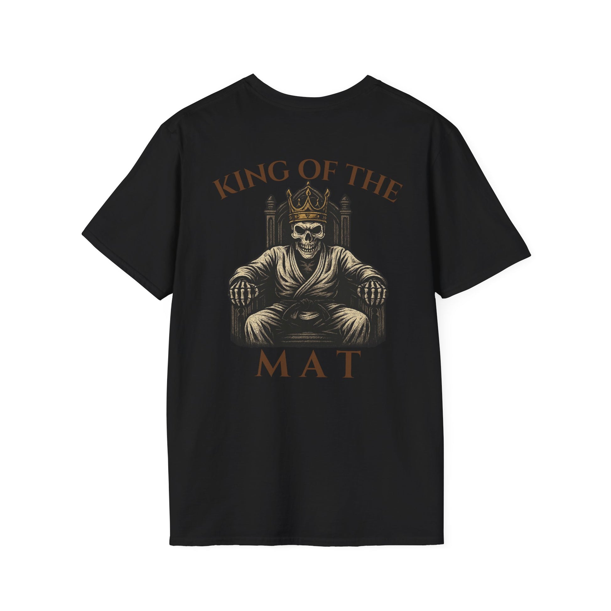 Black Zed Honra “King of the Mat” t-shirt featuring a crowned skeleton wearing a gi seated on a throne, printed on the back.