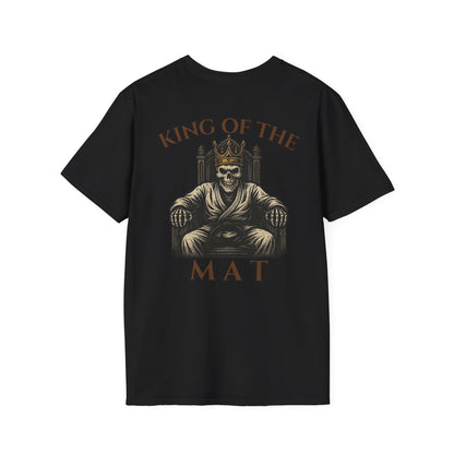 Black Zed Honra “King of the Mat” t-shirt featuring a crowned skeleton wearing a gi seated on a throne, printed on the back.