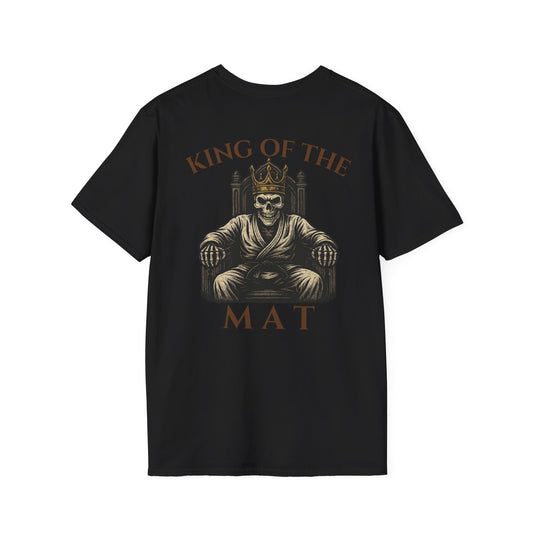Black Zed Honra “King of the Mat” t-shirt featuring a crowned skeleton wearing a gi seated on a throne, printed on the back.