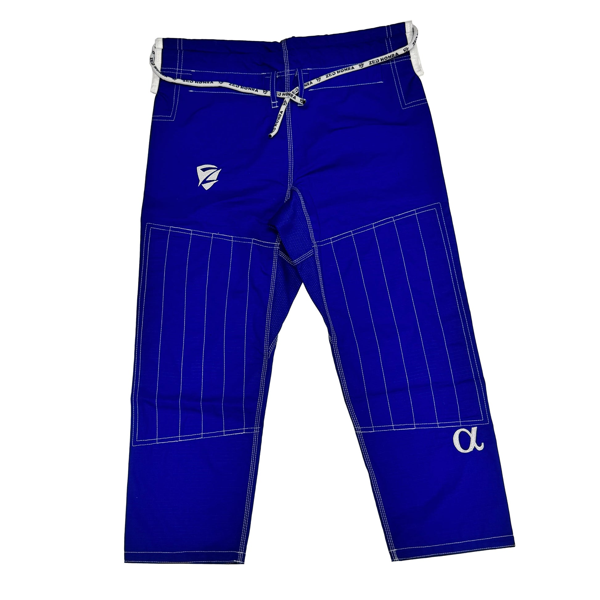 Blue pants with white pinstripes and logos on a white background