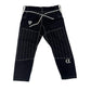Black pants with white stitching on a white background